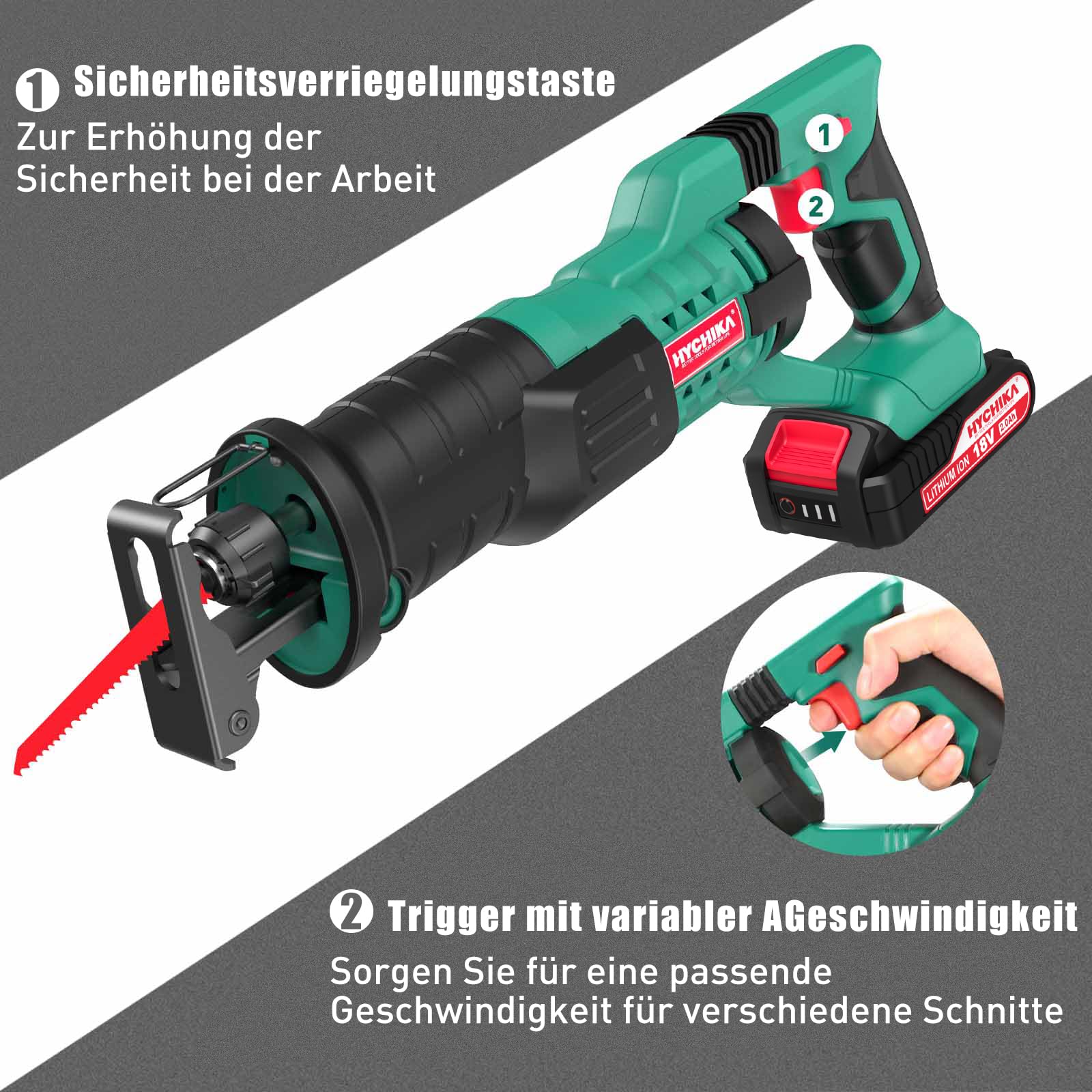 HYCHIKA Säbelsäge, 18V Akku Universalsäge, Reciprosäge mit 2x2.0Ah Batterien, mit variabler Drehzahl von 0-2800 SPM, 2 Sägeblätter, Schnellladegerät, LED Licht,Ideal zum Schneiden von Holz und Metall