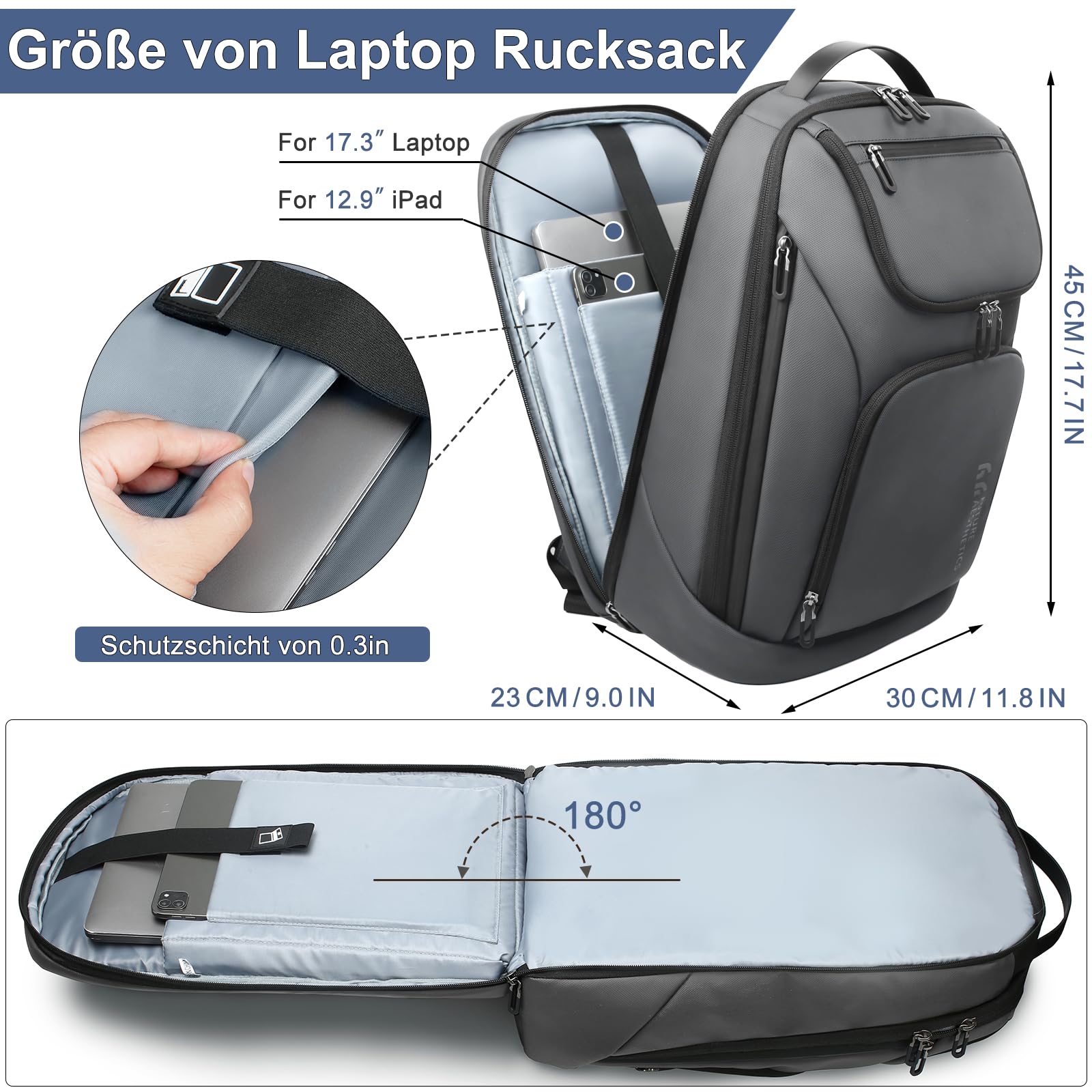 Herren Rucksack,17,3 Zoll Laptop Business Rucksack-Dunkelgrau | Wasserabweisender Kabinenrucksack mit USB-Anschluss, zugelassen als Bordgepäck, ideal für Arbeit, Geschäftsreisen & Ausflüge