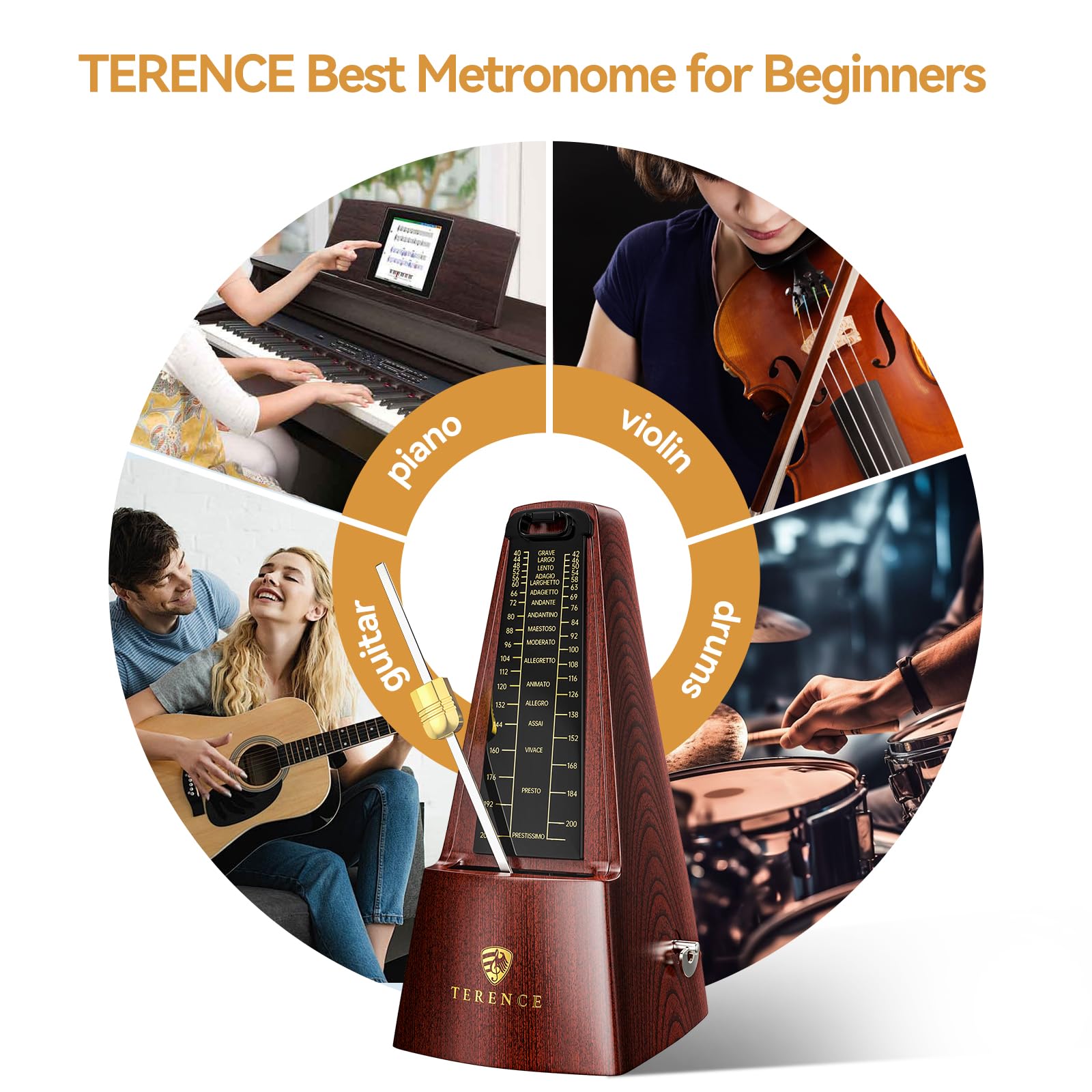 Metrónomo mecánico TERENCE, metrónomo de alta precisión, sonido fuerte, adecuado para piano, violín, teclado, bajo, guitarra, tambor Guzheng, adultos, niños, principiantes, profesionales,color nogal