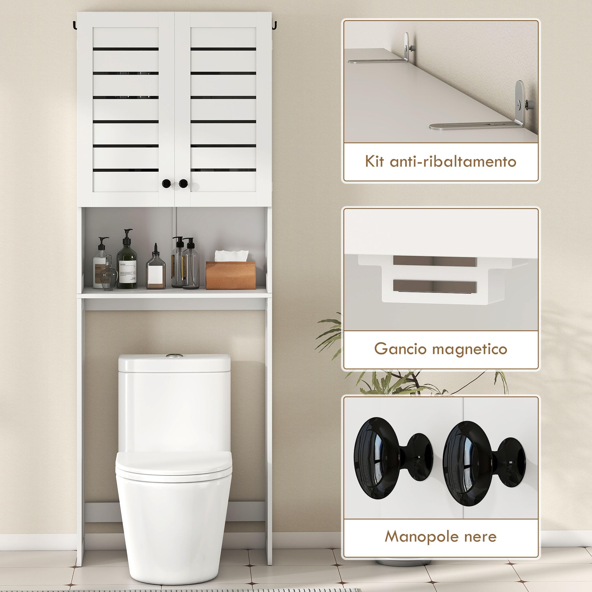 HOMCOM Mobile Sopra WC con Armadietto a 2 Ante e Ripiano Aperto, Mobile Bagno in MDF, Scaffale Sopra WC, 67x31.5x190 cm, Bianco