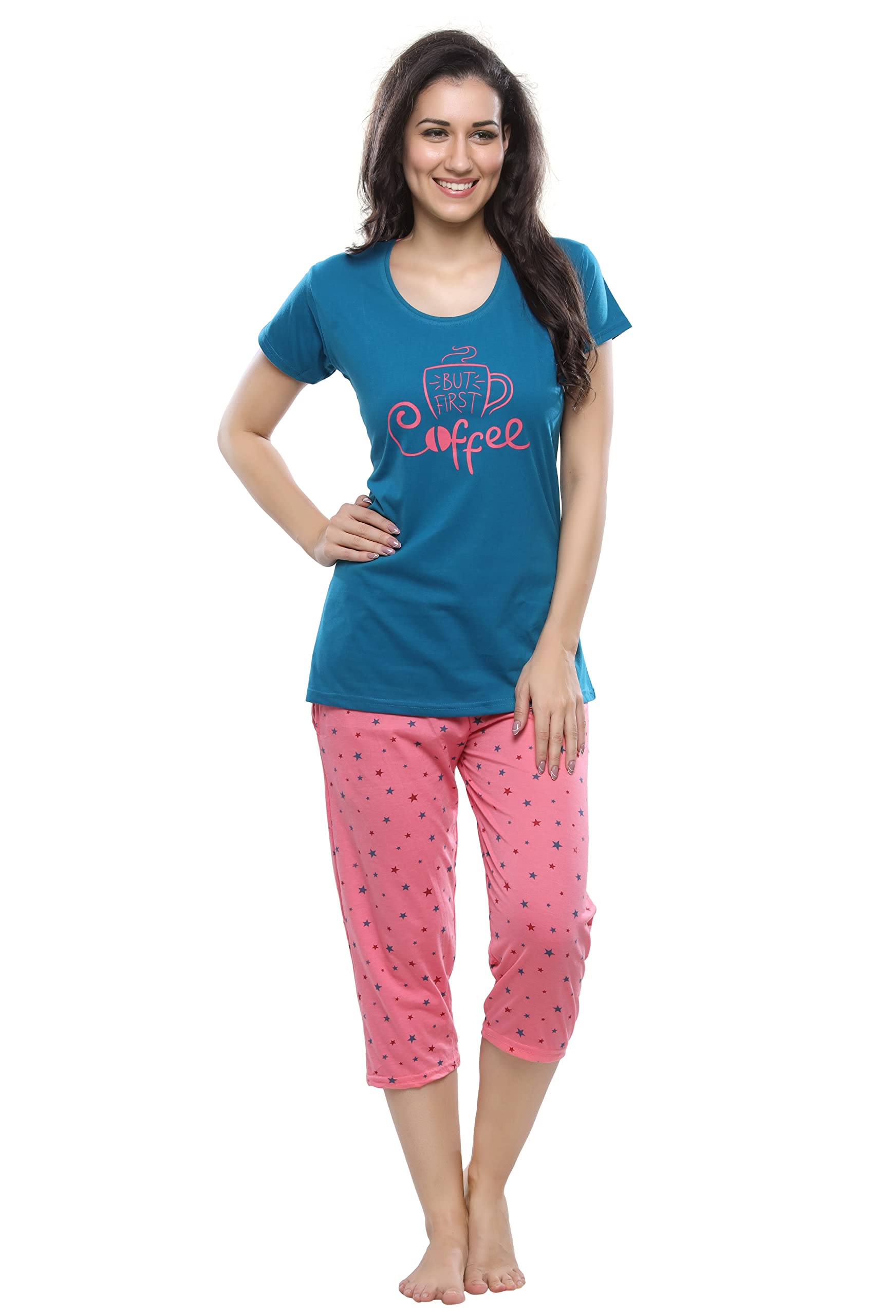 DZZOCotton Night Suit for Women Girls | Women's Cotton Printed Capri & Top Night Suit Set Pyjama Set Sleepwear Nightwear Nightdress Loungewear