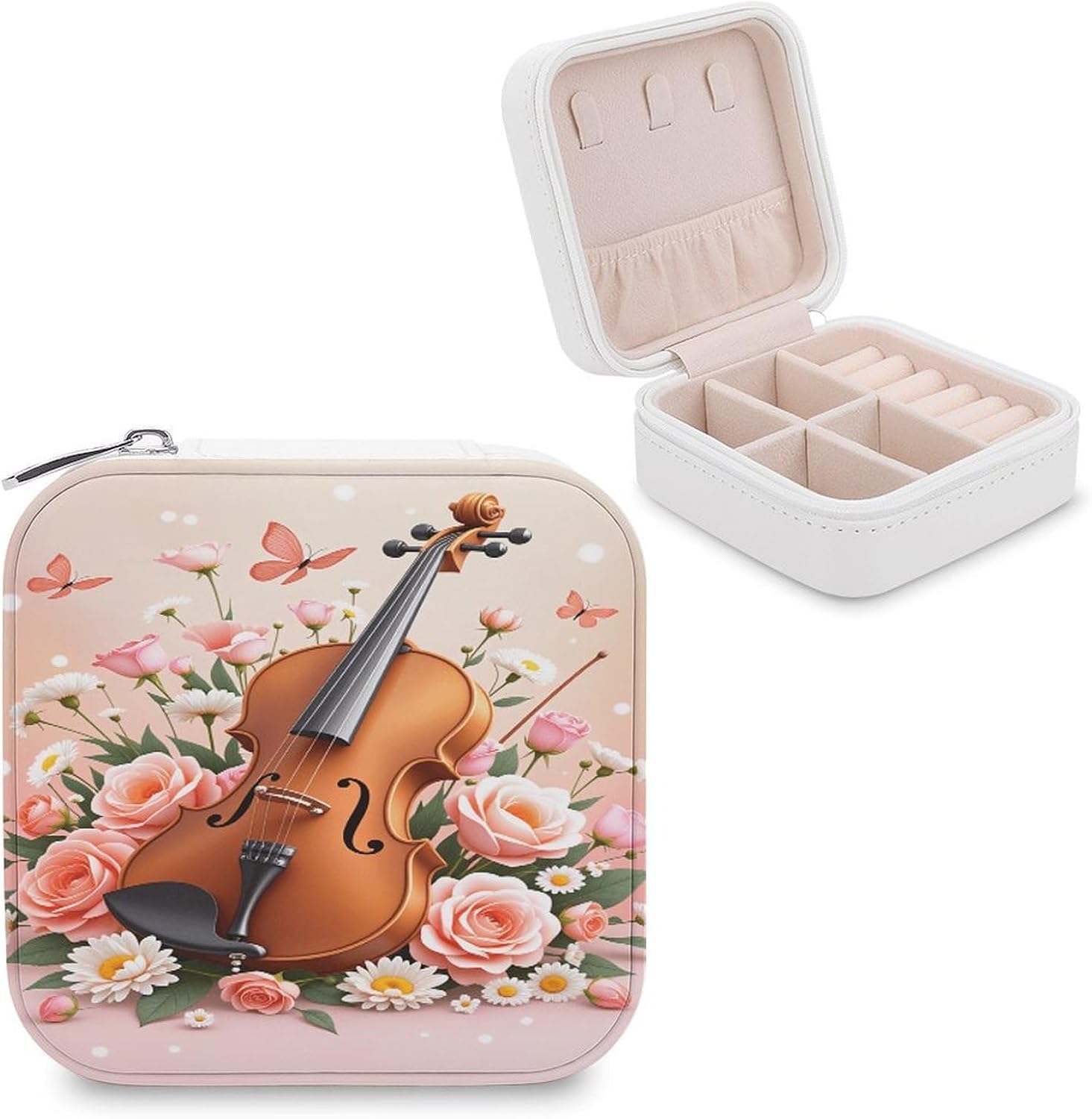 Spring Qin Music Travel Jewelry Organizer Box for Women, Compact PU Leather Jewelry Case with Zipper Closure, Portable Jewelry Storage Box with Ring Earring Holder