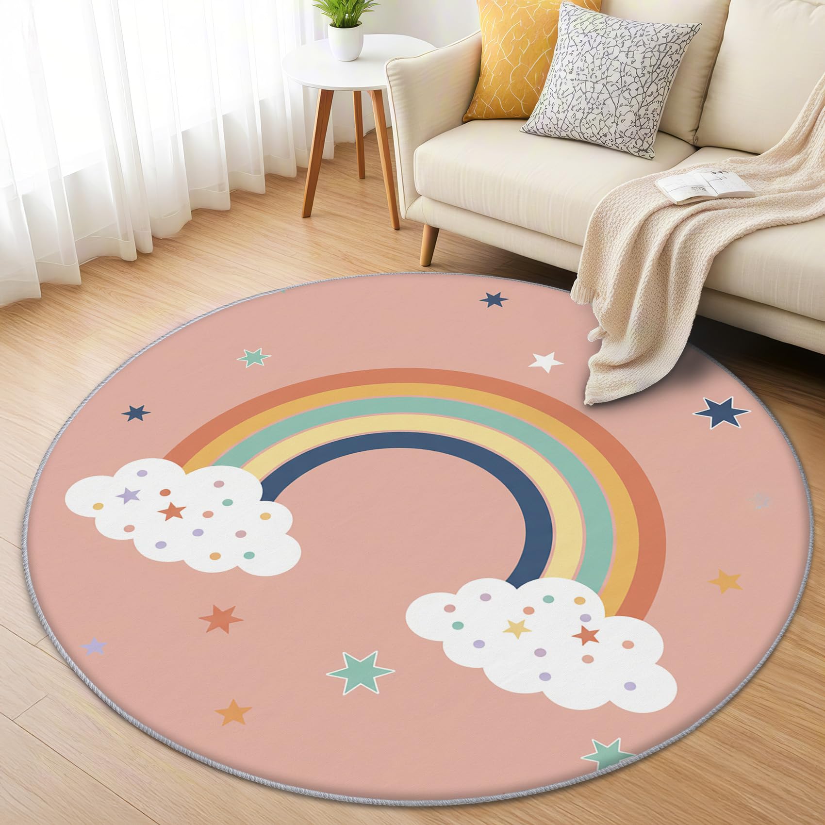 Regenbogen Teppich Rund 120cm Kurzflor - Waschbare Teppiche Wohnzimmer Sterne Rosa Mädchen Kinder - Runder Teppich 120 Durchmesser - Bettvorleger Schlafzimmer rutschfest Weich