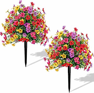 Artificial Topiary Balls Outdoor, UV Resistant Fake Outdoor Plants with Stake, Faux Flowers for Outdoors Planters Porch Garden Decor, All Weather Artificial Outdoor Plants,2pcs
