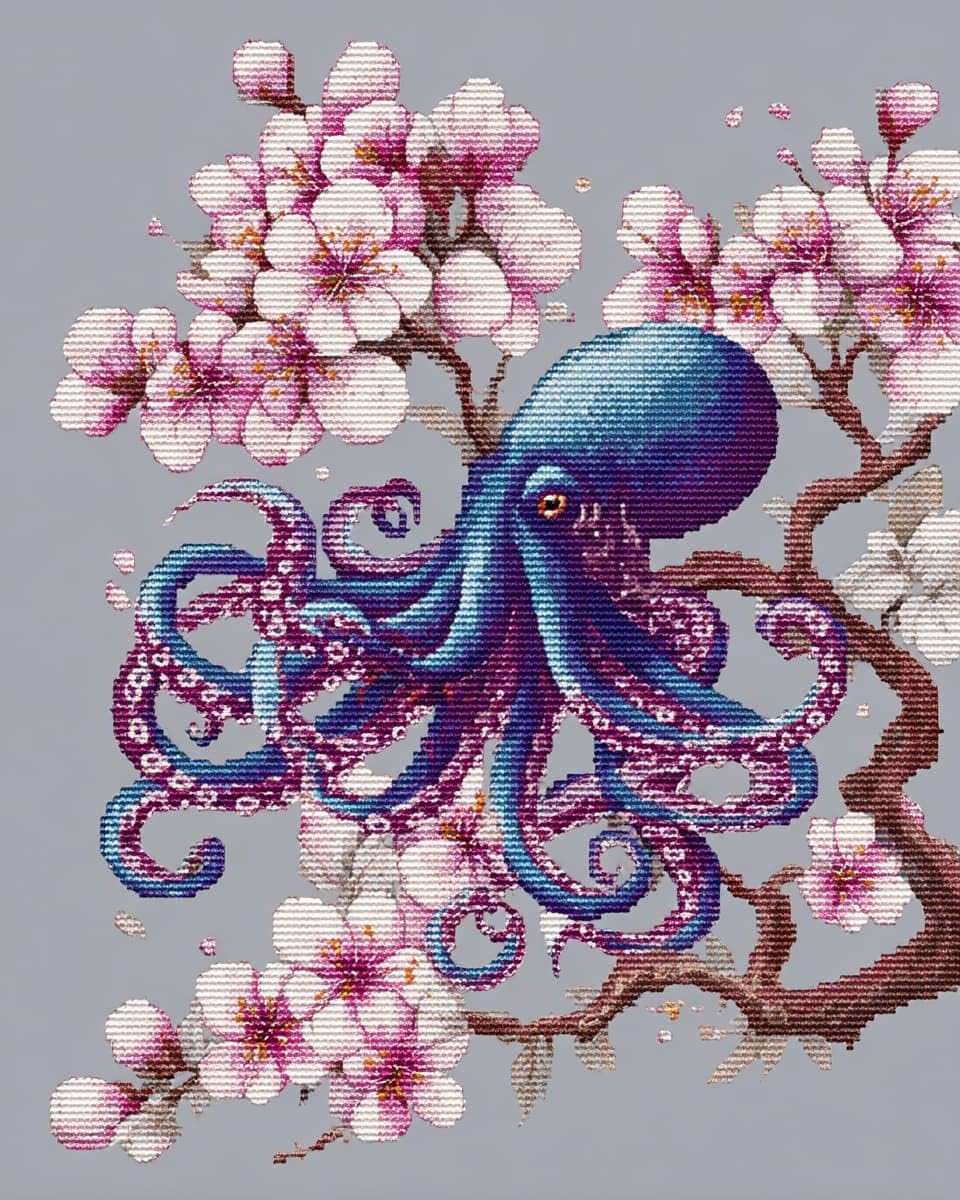 WallustrioaW Cross Stitch Embroidery Kits for Adults,Flower Octopus,Embroidery Starter Kits 11CT Stamped Cross Stitch DIY Crafts Gift,16x20in