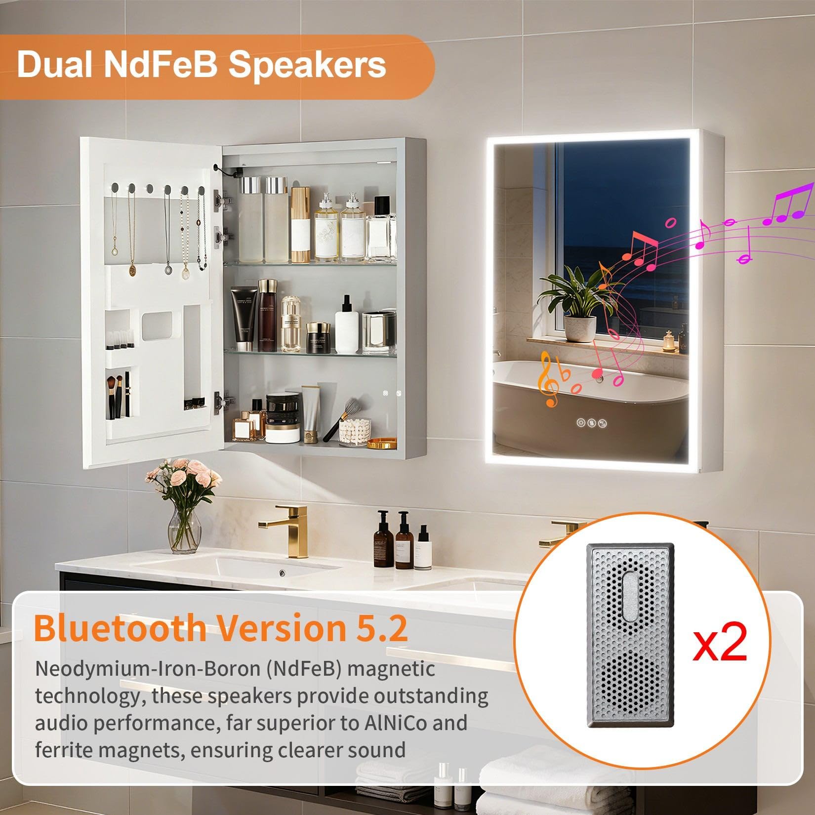 LUVODI Armoire à pharmacie avec miroir LED : cadre en aluminium anti-buée Bluetooth éclairé à l'avant 50,8 x 71,1 cm