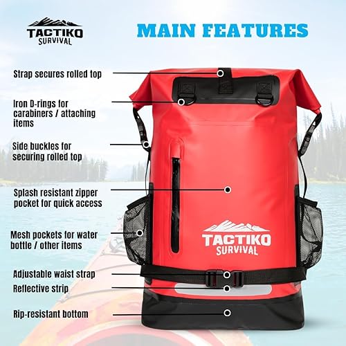 Vista 5 de TACTIKO Mochila resistente 100% impermeable, bolsas secas enrollables para kayak, senderismo, campamento, supervivencia Rojo