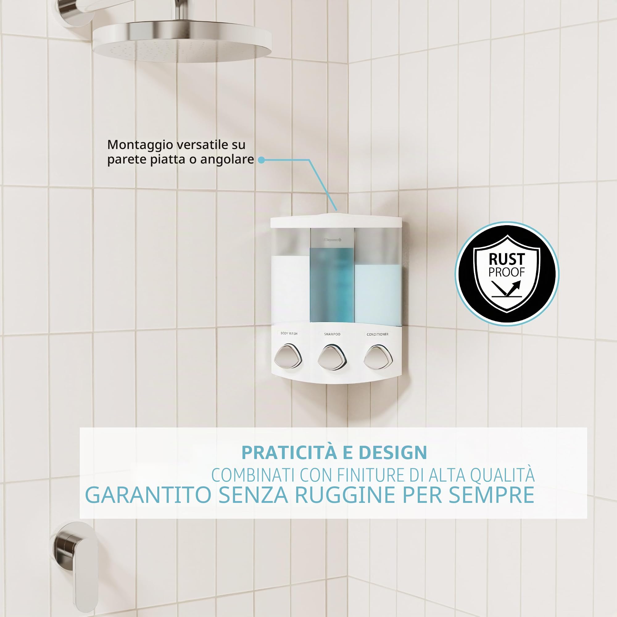 Aviva Better Living Euro Series Trio, Dispenser a Tre sezioni per Sapone e bagnoschiuma, Cromato, Plastica ABS, White, 3-Chamber