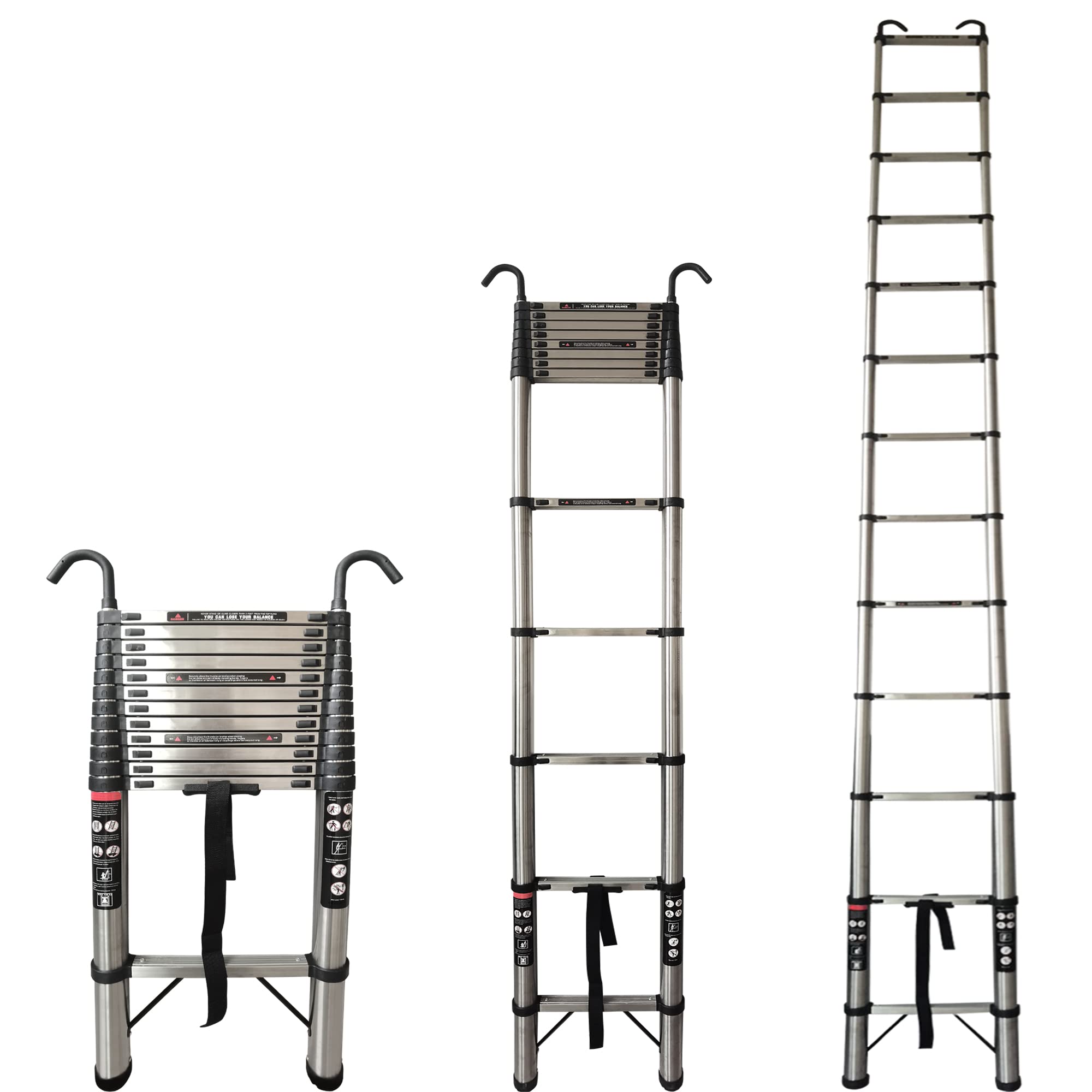 5M Escaleras Plegables Telescópicas con 2 Ganchos de Acero Inoxidable Extensión Extensible 12 Peldaños 150kg MAX. Capacidad EN131 Portátil Loft Ático para Negocios Casa Trabajo Bricolaje Constructor