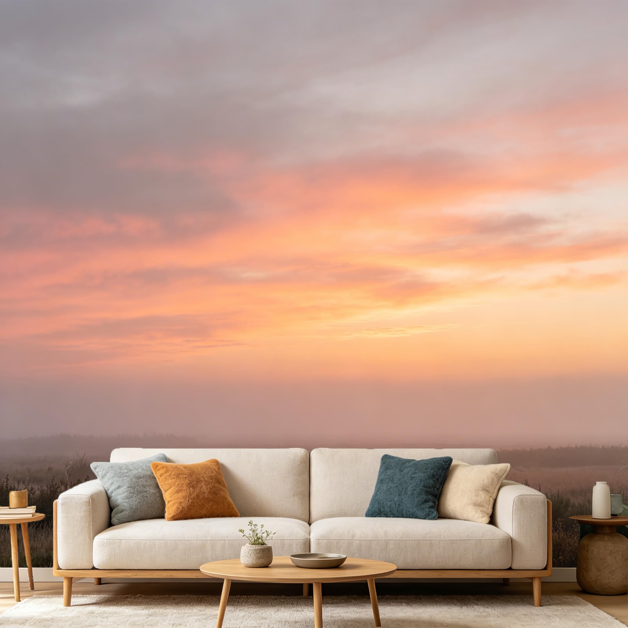 Custom Size Wall Mural Sunset Misty Landscape Meadow Natural Scenery SelfAdhesive Art Prints wall Fabric（No PVC） Removable Wallpaper Modern Home Bedroom Decor