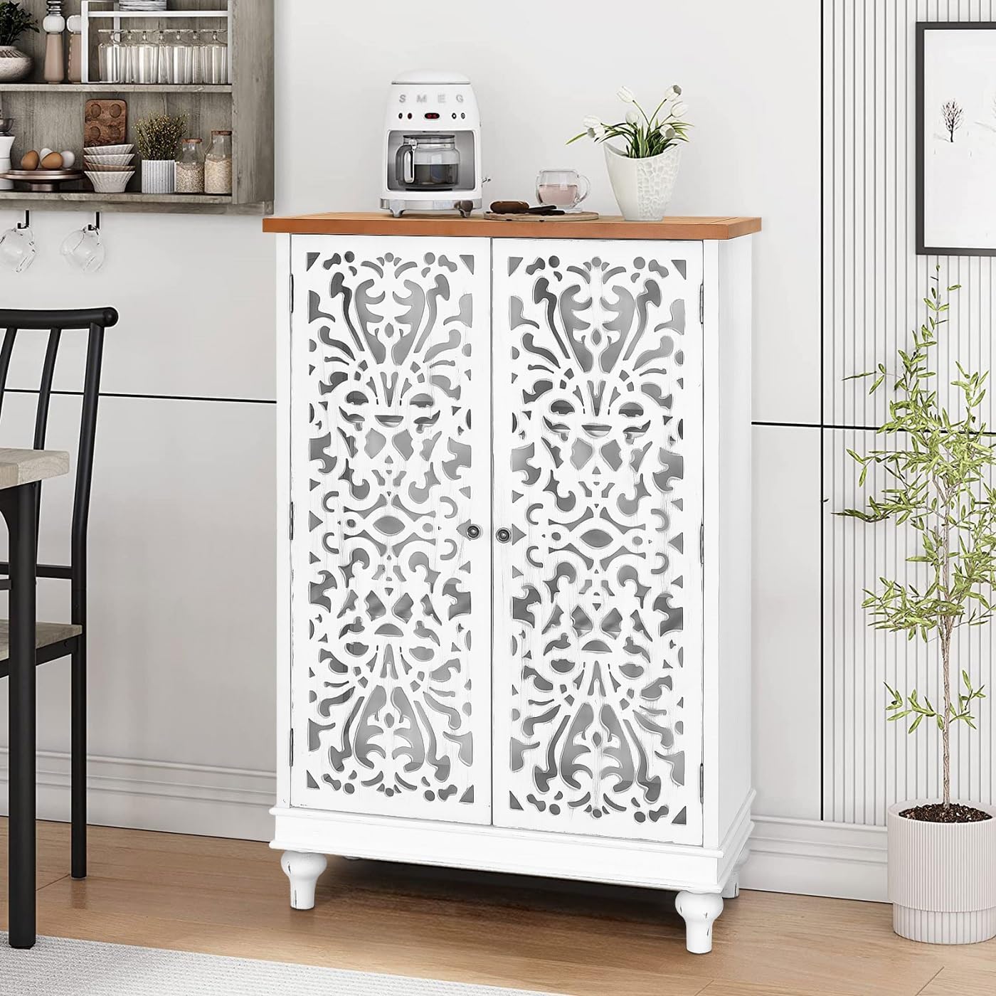 MFSTUDIO Accent Tall Wood Storage Cabinet Buffet Sideboard Hollow-Carved Floral 2 Doors Distressed Decorative for Living Room Kitchen Stand Entryway Hallway, 13.8" Dx31.5 Wx47.4 H, White