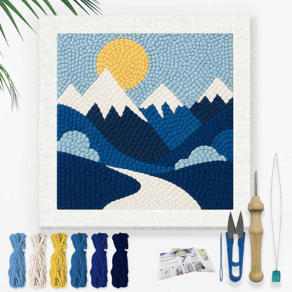 DOODLREAM Mountains DIY Punch Needle Embroidery Kit for Adult Beginner, 24cm Landscape Sunrise Punch Stitching Craft Set for Starter with Frame, Fabric Pattern, Threader, Yarn, Punch Needle