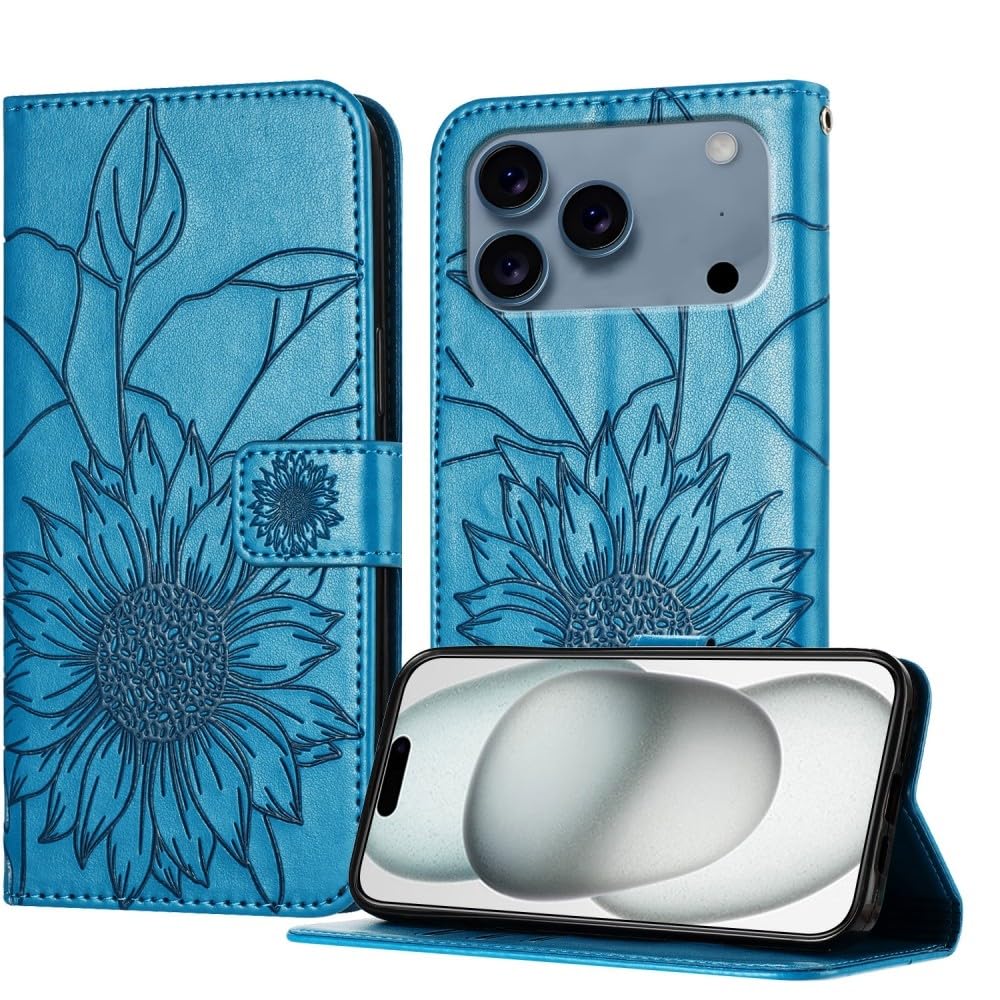 Protection iPhone 15 Pro Max bleu silicone cuir à fleurs - 8