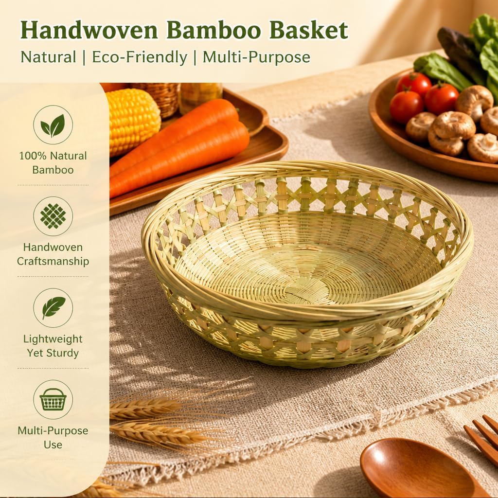 Handwoven Natural Bamboo Basket, Round Fruit Bowl for Kitchen Home Storage