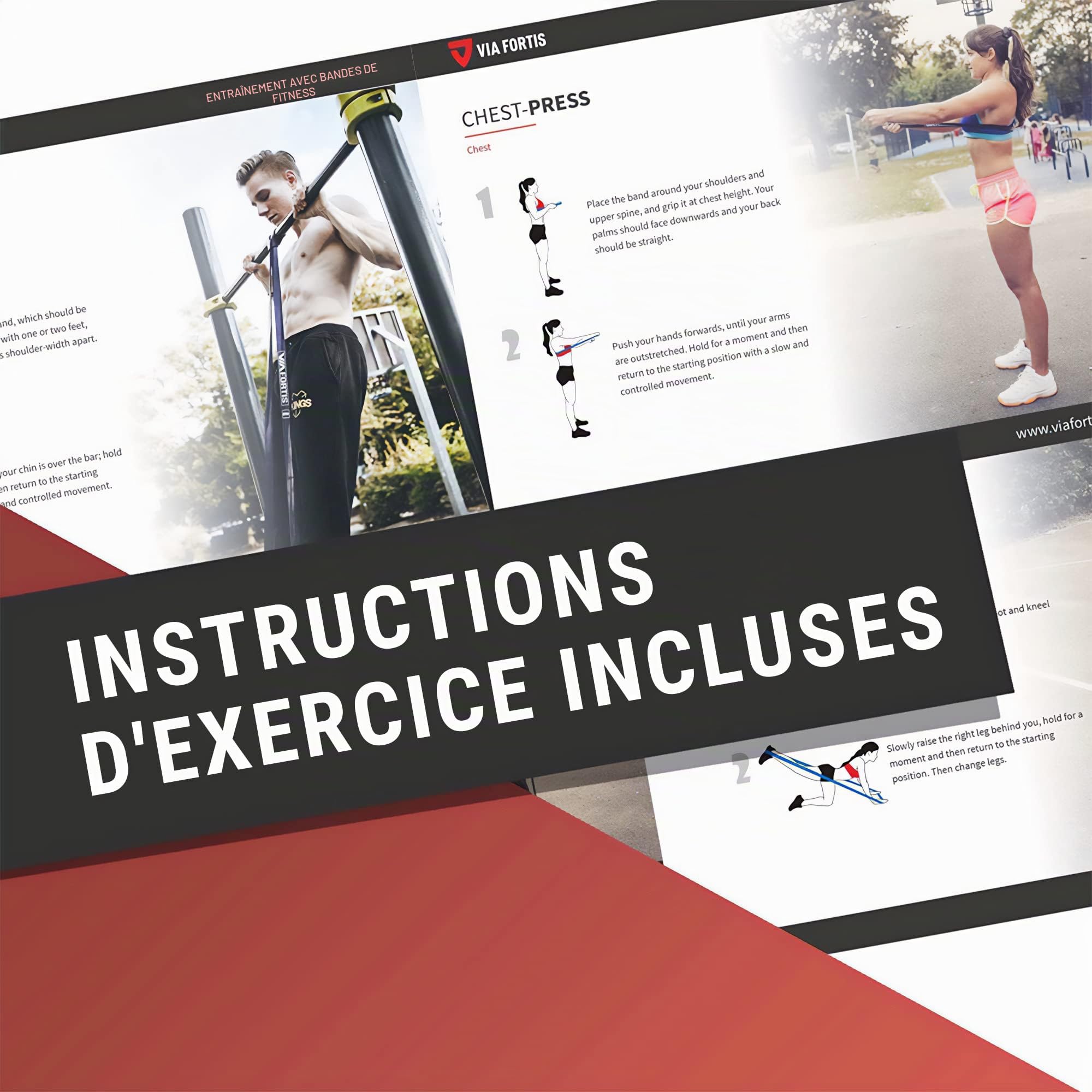 VIA FORTIS Bandes de Résistance Prémiums + Instructions d'Exercices et Sac - Bandes de Résistance/Bandes de Traction et Aide à la Traction/Bande Fitness/Bandes d'Entraînement Fitness & Musculation