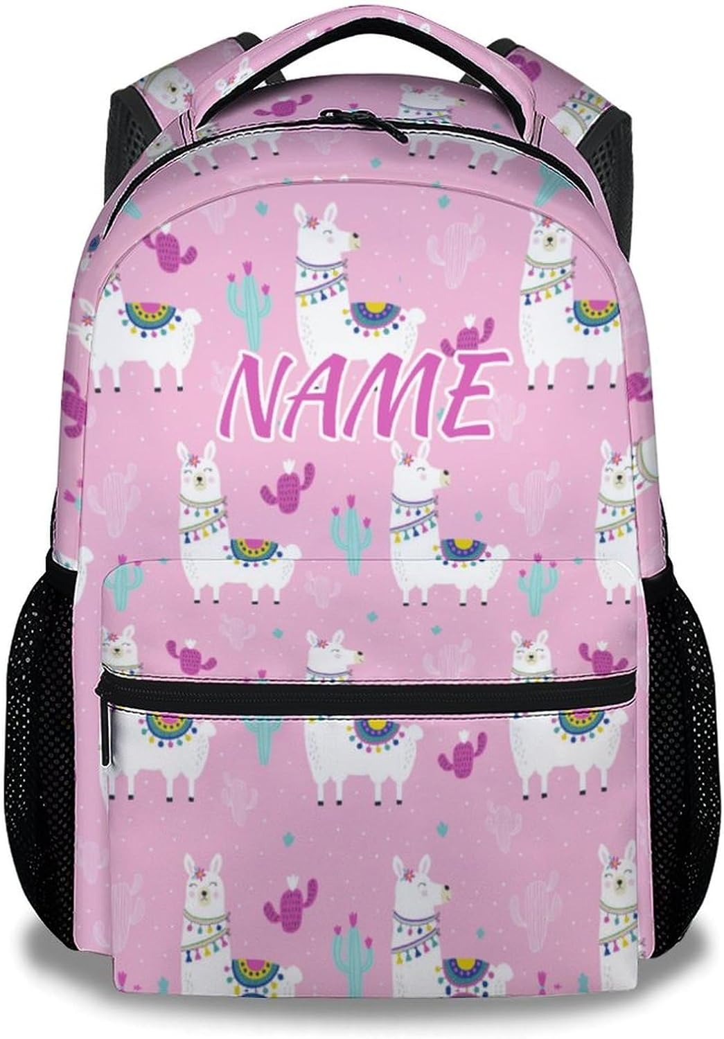 Custom Llama Backpack for Kids, 16 Inch Pink Backpacks for School, Cute Lightweight Bookbag for Girls