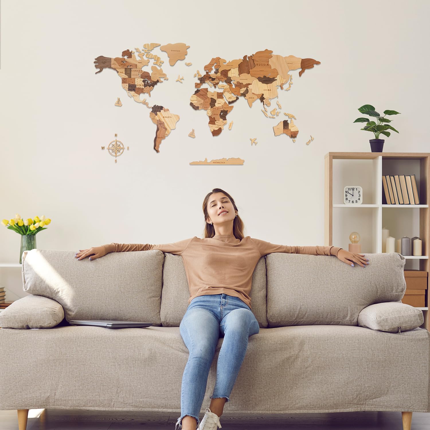 Creawoo Mapa del Mundo 3D de Madera para Decoración de Pared, Grande Mapamundi Maciza Natural Multicapa Arte de Pared para Oficina Sala de Estar Dormitorio, Mapamundi de Viaje de Madera-100x57cm