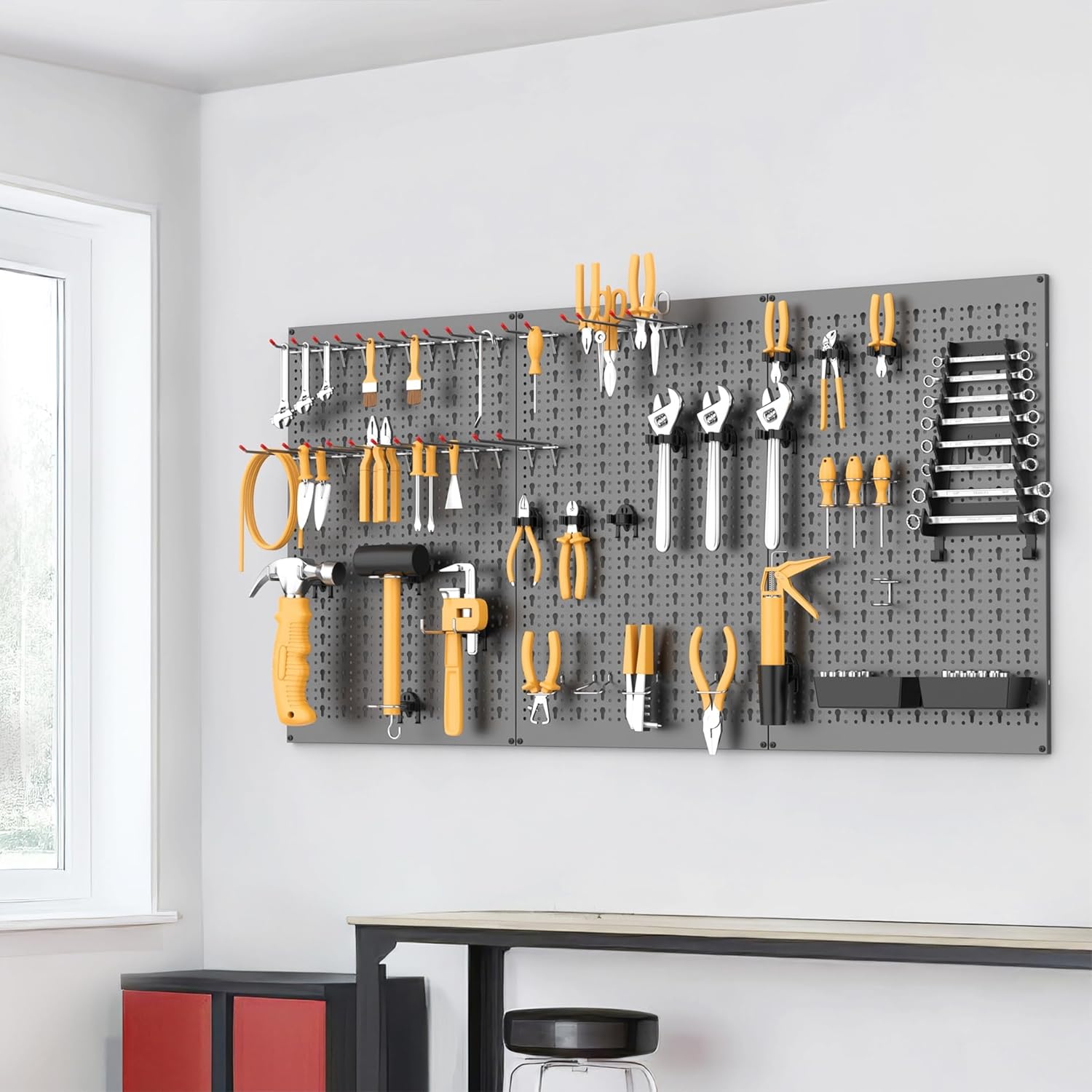 WALMANN Metal Pegboard Wall Tool Organizer Board with Pegboard Hooks, 24x48 in Tools Organizer Pegboard for Garage, Workbench, Peg Boards, Tool Storage Board with Hooks(Black)
