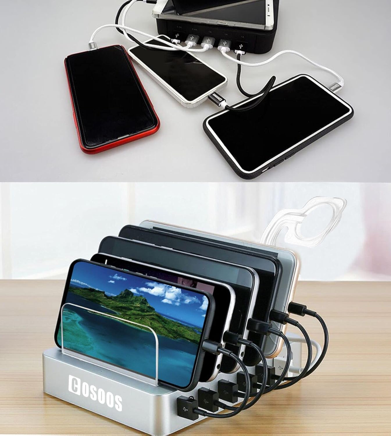 🛒 Crazy Deals USB Charging Station for iPhone 13,COSOOS Charger Station with 5 lPhone Cable,1 Type-C,1 Micro Cable,6-Port Charging Station for Multiple Devices(Silver White)