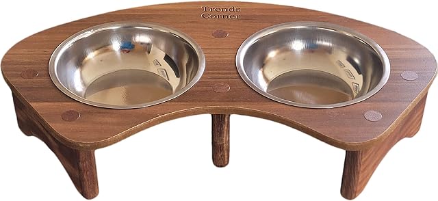Trends Corner Raised Cat / Small Dog Food and Water Bowl with Wooden Stand - Elevated, Natural, Non-Toxic Pet Feeding Station for Small Dogs, Puppies, Cats and Kittens