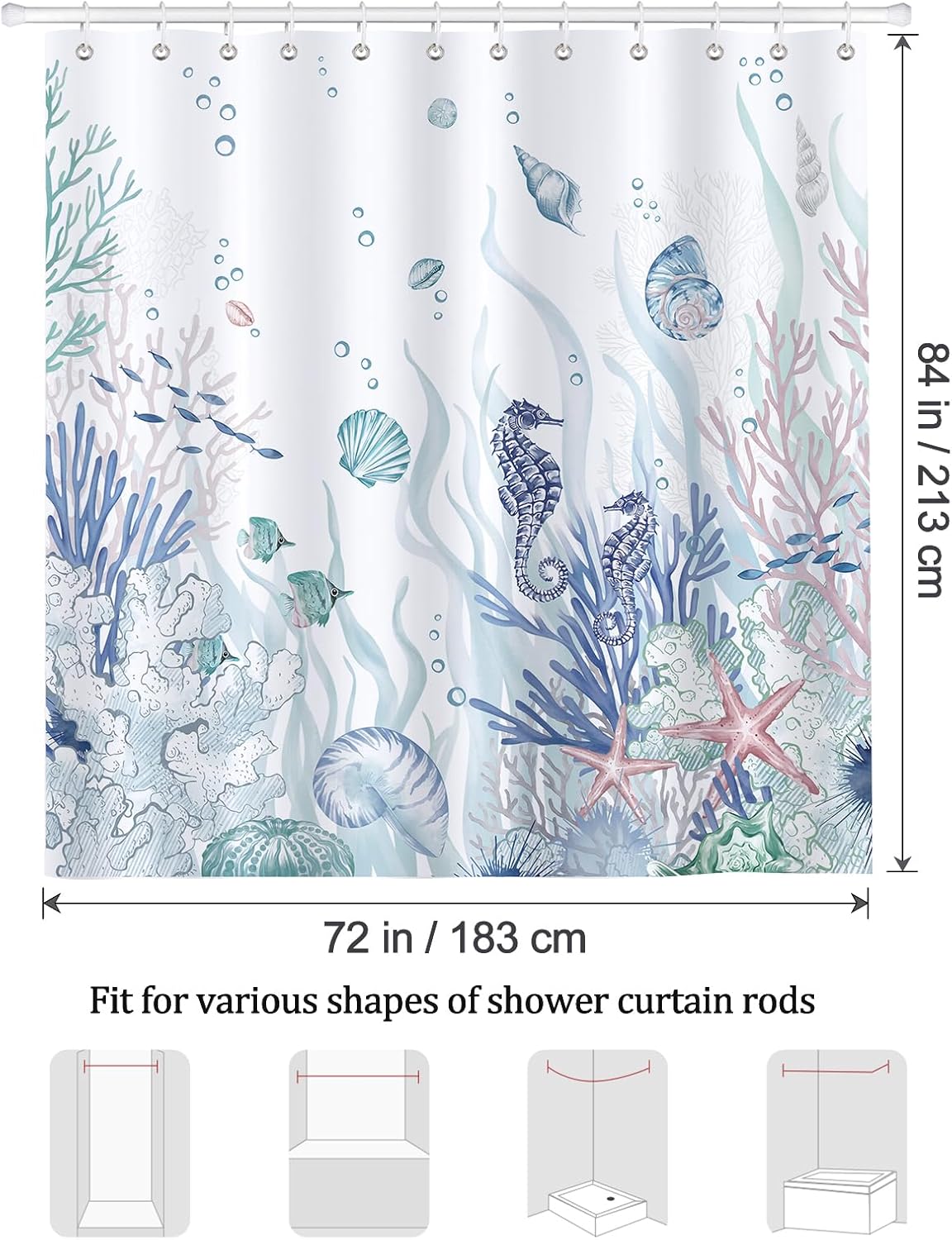 Bonhause Nautical Coastal Shower Curtain, Ocean Themed Coral Seahorse Seashell Starfish Beach Bathroom Decor 72x84 Inch Polyester Fabric Waterproof Bath Curtain with 12 Hooks