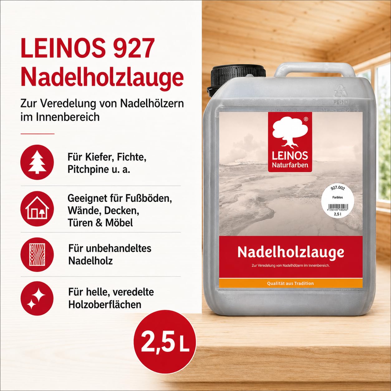 LEINOS 927 Nadelholzlauge Farblos 2,50 l – Veredelung für Kiefer & Fichte im Innenbereich – Stoppt Vergilbung, bewahrt natürliche Optik – Für Böden, Möbel & Decken – Ergiebig & natürlich
