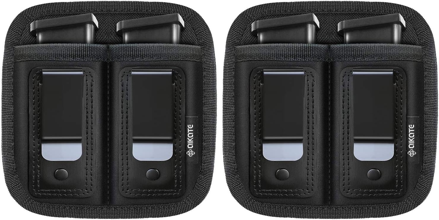Universal Double Magazine Pouch for 9mm .40 .45 .380 .357, IWB Mag Holster Concealed Cary for Double Stack, Mag Holder for Glock 19 43 17 1911 S&W M&P, Fits Any 7 10 15 Round Clip for All Pistols Ammo
