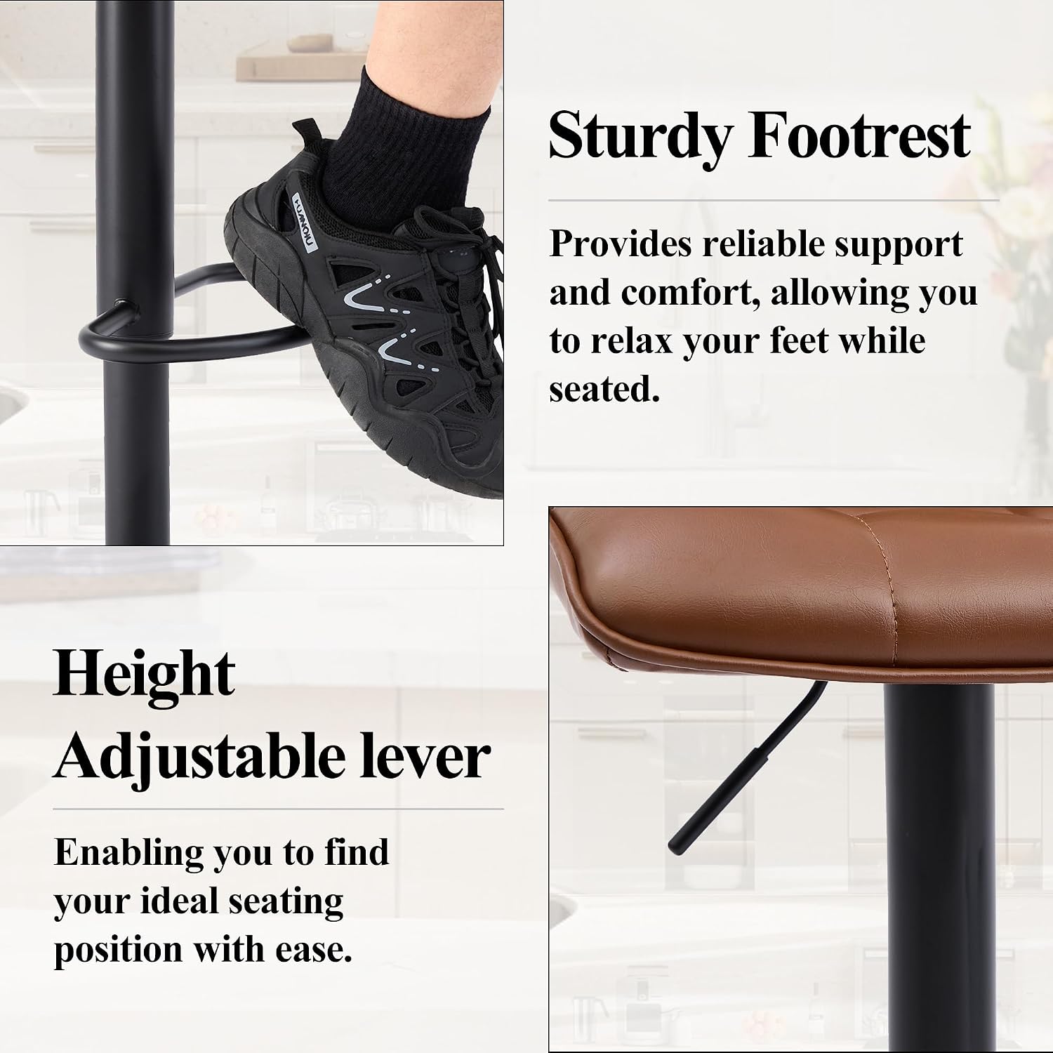FIRAVOE Counter Height Bar Stools, Swivel Barstools Set of 3 with Backs, Modern Brown Bar Chairs for Kitchen Island, Adjustable Height 24"-33", Faux Leather Kitchen Bar Stools (Brown, 3PCS)