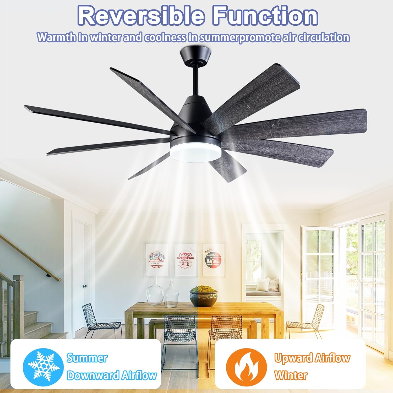 62-inch Lighted Ceiling Fan - Black, with Remote Control, Full Memory Function, Quiet Operation, Ideal for Garages or Living Rooms, 8 Double-Sided Wooden Blades, Easy Installation