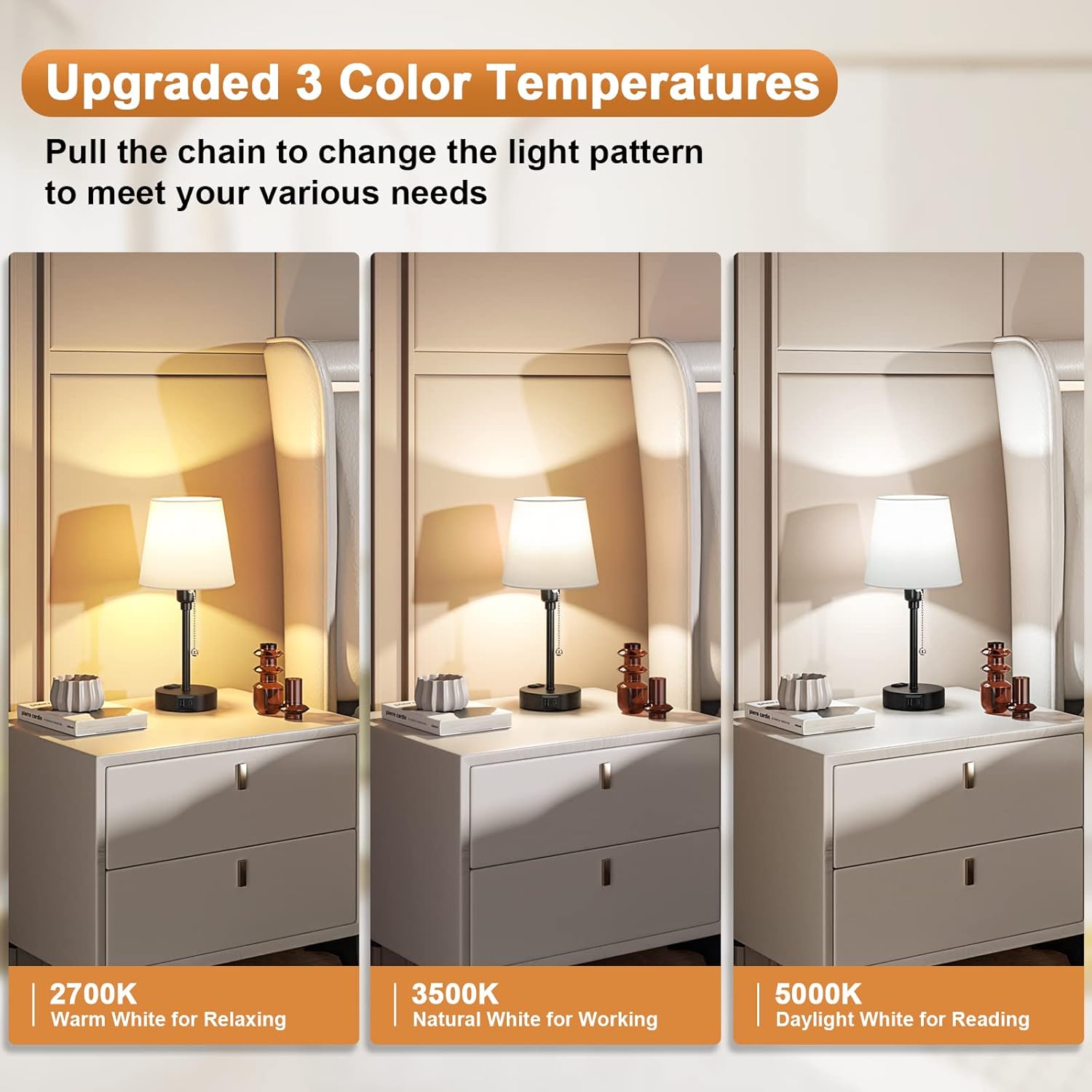 Bedside Lamps for Bedrooms Set of 2 Nightstand - Table Lamp with 3 Color Modes 2700K-5000K, Small Lamp with USB C+A Charging Port and AC Outlet, White Lamp for Side Table, Mini Bed Side Lamp for Kids