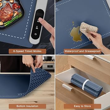 FYY Extra Large Warming Mat for Food, Rapid Surface Heating Navy | 6 Temp Settings, 6H Timer, Rollable Portable Silicone Electric Food Heating Mat for Countertop Party Buffet, Keep Meal Warm