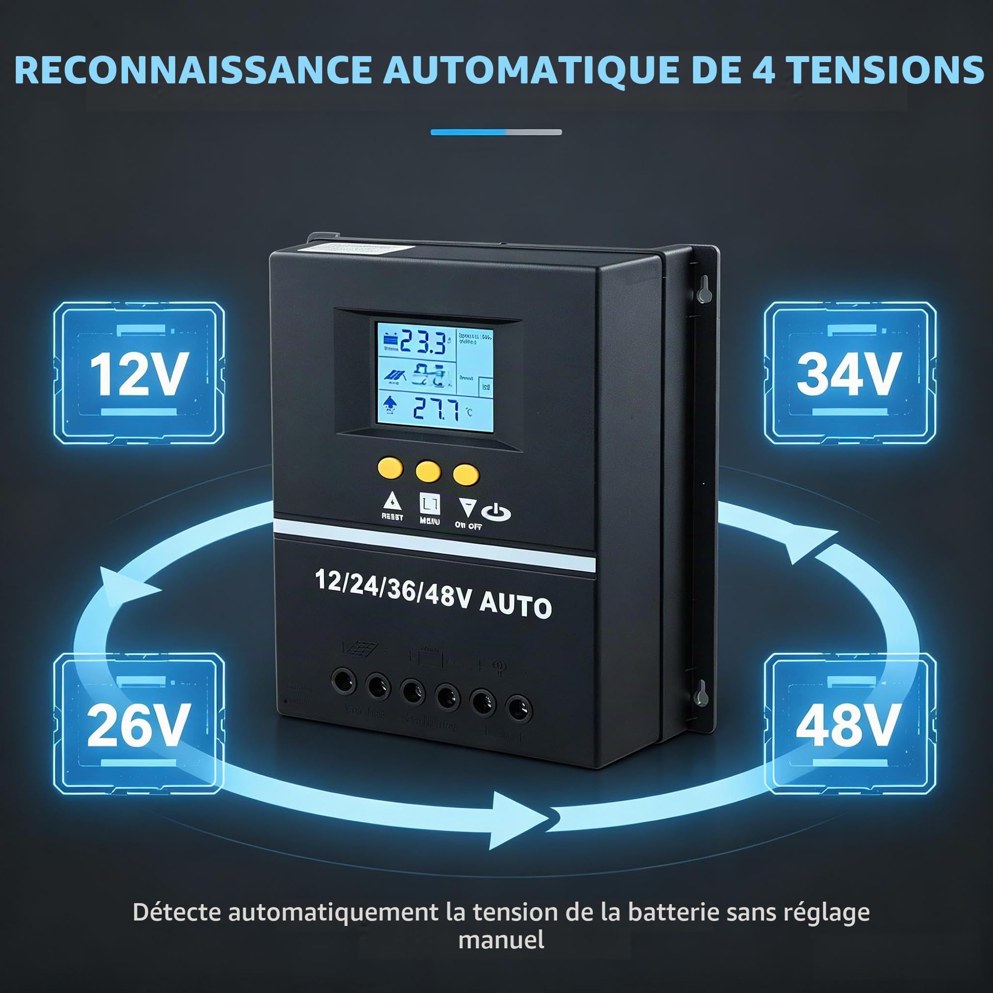 MPPT Régulateur de charge solaire 150A Écran LCD Contrôleur de charge professionnel LCD avec double port USB pour système de reconnaissance automatique de panneau solaire 12V-48V
