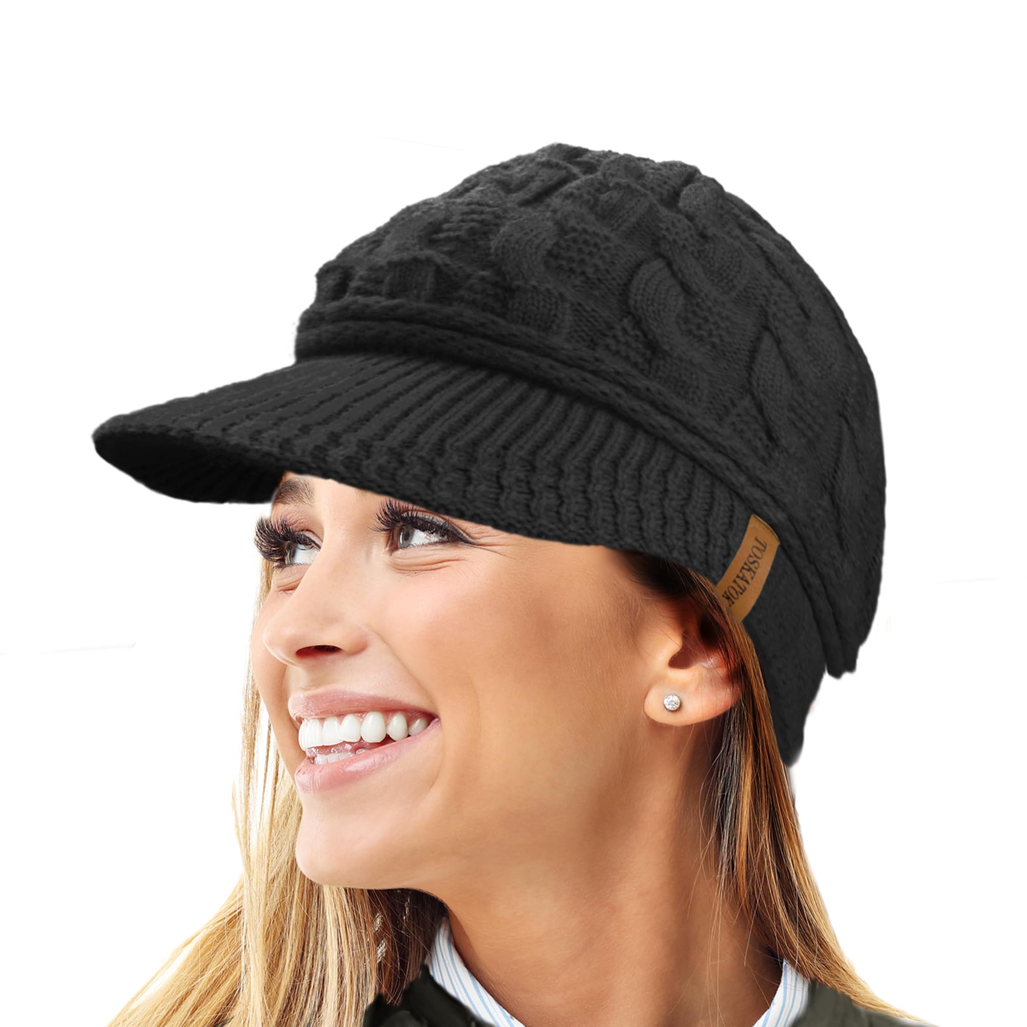 Toskatok Women's Black Peaked Cable Knit Warm R80 Teddy Fleece Lined Beanie Winter Hat Cap