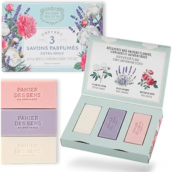 Panier des Sens Solid Soap Gift Set, Nourishing Scented Soap Set 3 x 100 g | Cotton, rose and lavender, triple ground soap fo