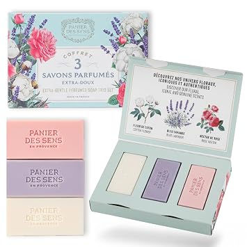 Panier des Sens French Soap Gift Set Cotton Flower, Blue Lavender & Rose Nectar Shea Butter Soaps 3 Nourishing Soap Bars Made in France 3 x 3.5 Oz