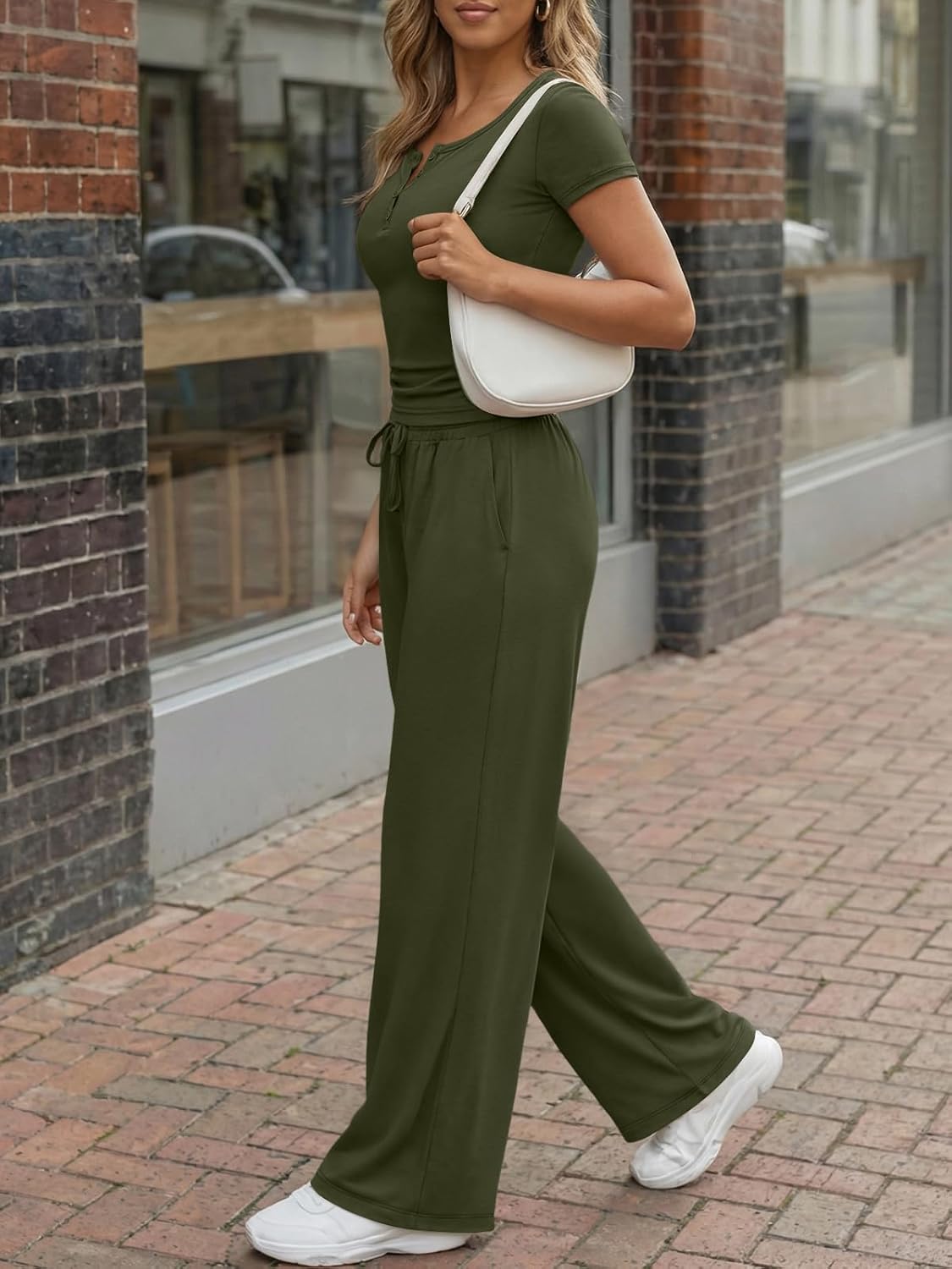 Trendy Queen Women's 2 Piece Matching Lounge Sets Summer Henley Neck Slightly Crop Top Wide Leg Pants Casual Sweat Suit - Image 3