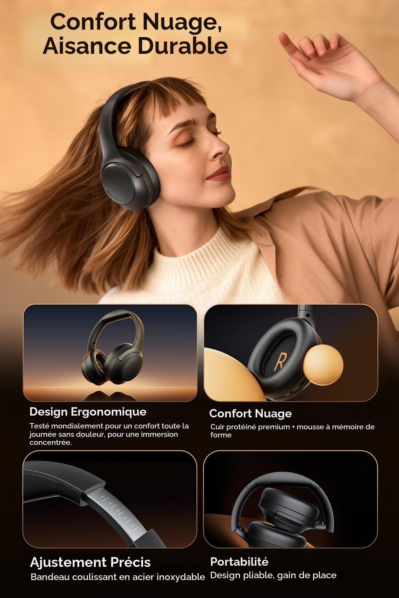 SoundPEATS Cove Pro Casques Réduction de Bruit Hybride, Son Hi-Res LDAC, Pliables, 7 micros pour appels clairs, autonomie de 95 Heures, Confort et polyvalence Filaire/sans Fil