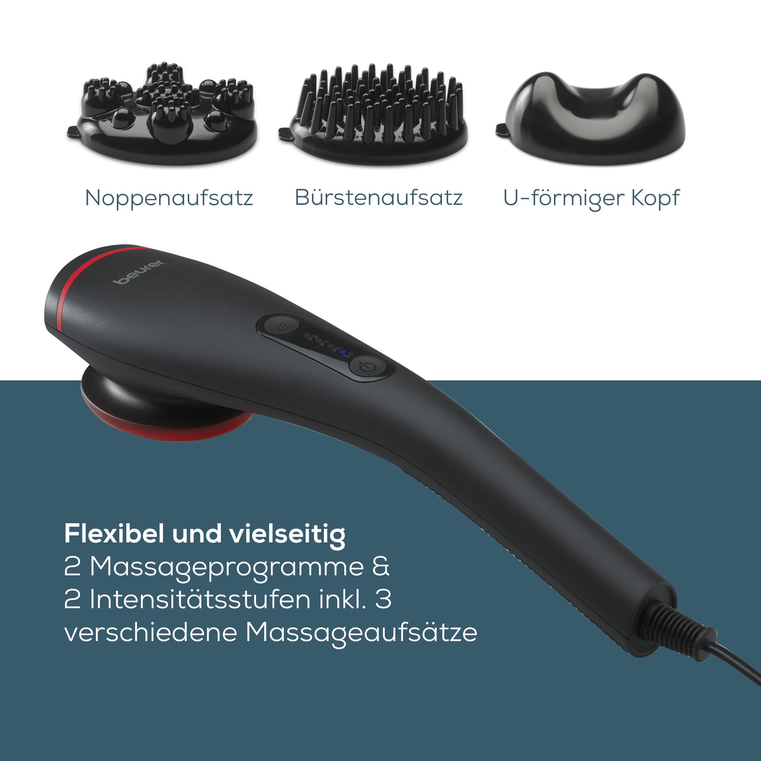 Beurer MG 24 Vibrationsmassagegerät, 2 wohltuende Massageprogramme und 2 Intensitätsstufen für ideale Entspannung, 3 Massageaufsätze, am ganzen Körper einsetzbar, schwarz