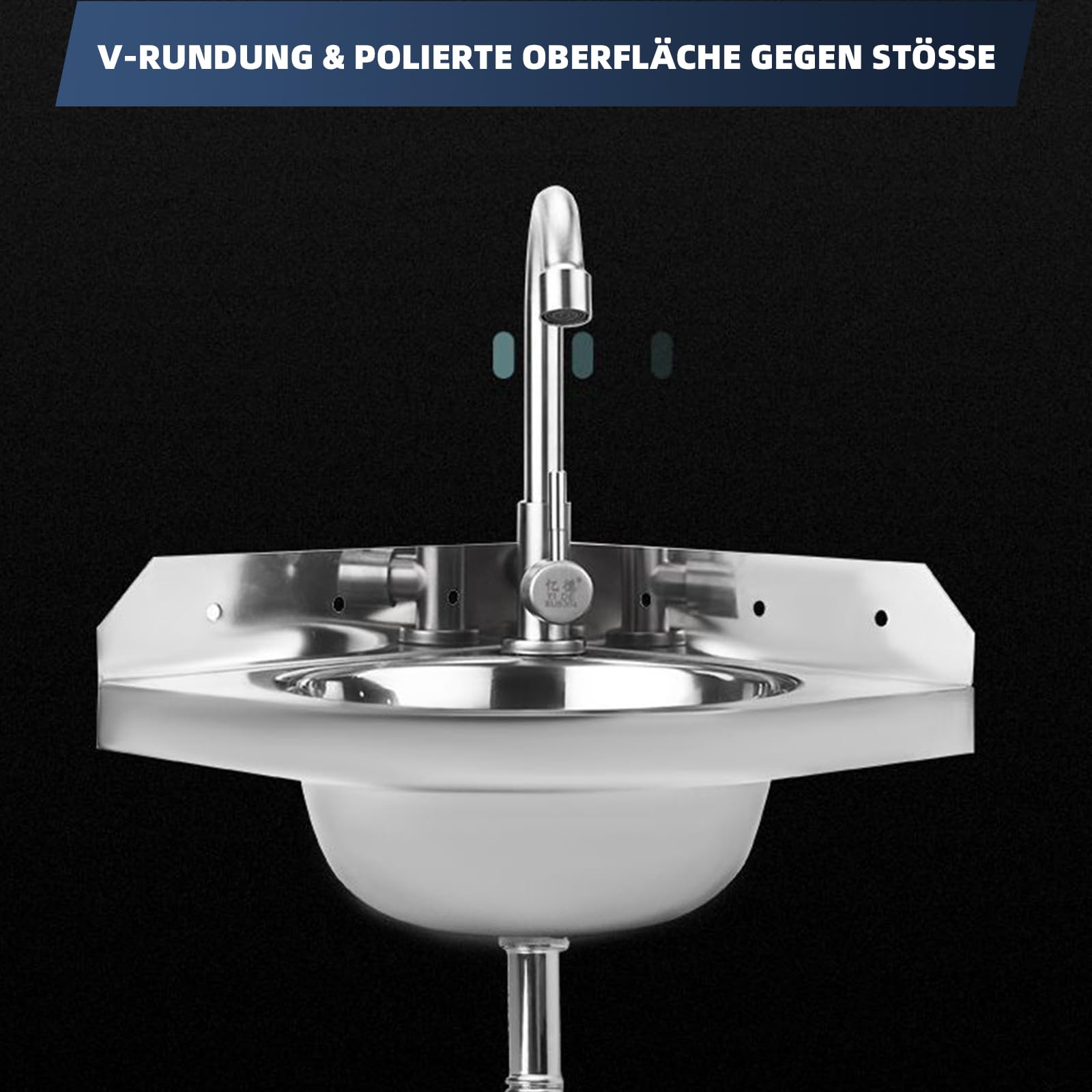 Lavabo ad Angolo in Acciaio Inox, Lavabo da Parete Triangolare, Lavello in Acciaio Inox con Rubinetto Acqua Calda e Fredda, Salvaspazio per Bagno, Camper, Barca, WC, Garage