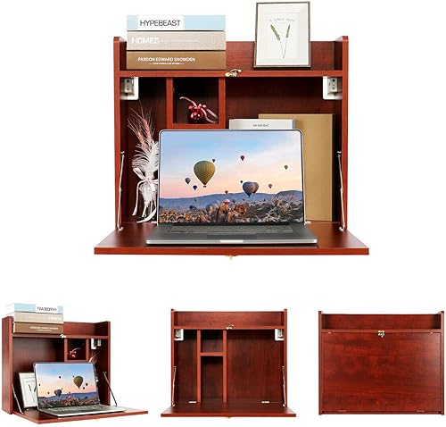 Miniatura 4 de Mowavno Escritorio flotante montado en la pared, mesa plegable para computadora, estantes de oficina para laptop