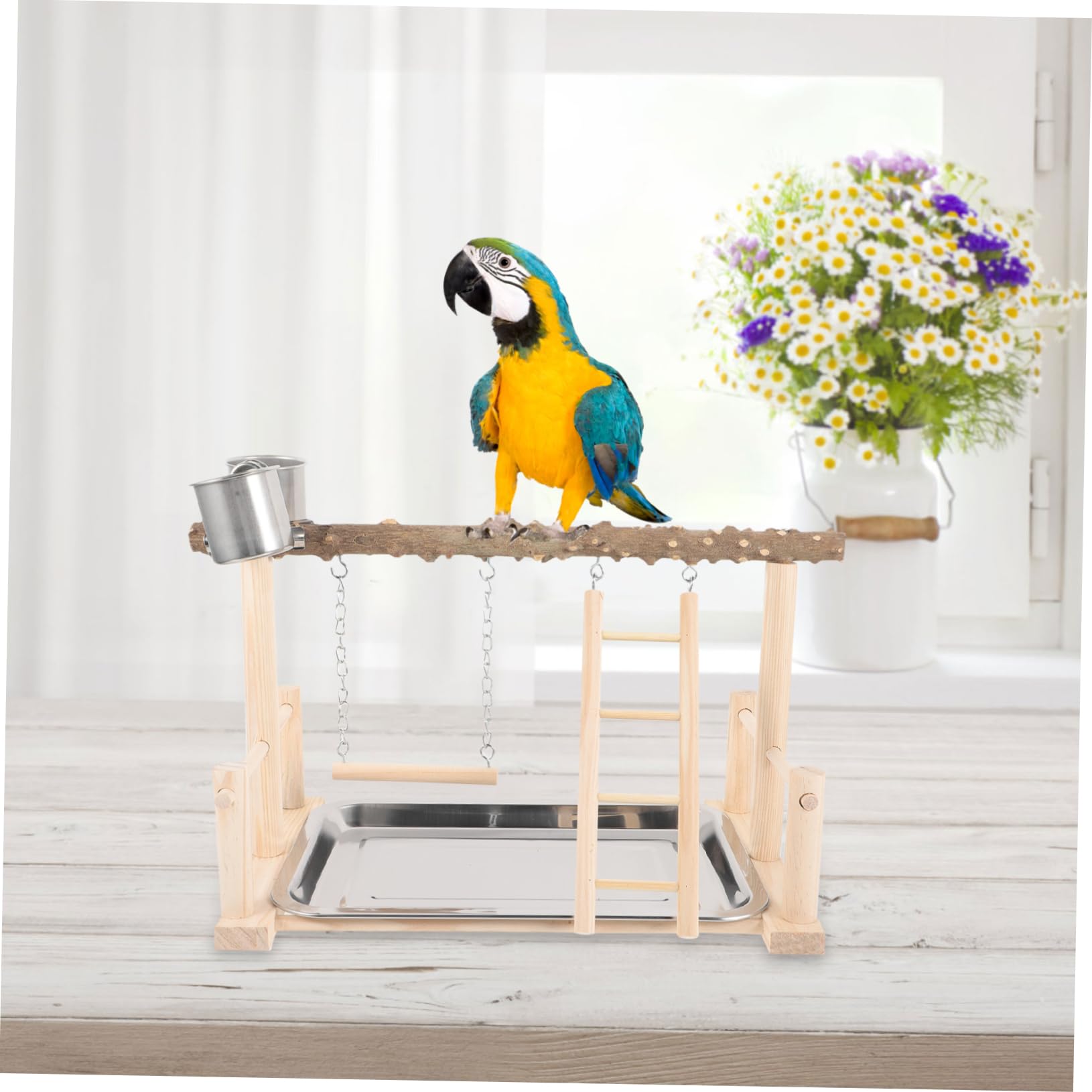 HANABASS de Juego para Loros de Madera de Flores, Soporte Plataforma Estable, Escalera Interactiva, Base Sólida para Entrenamiento y Entretenimiento de Pájaros Pequeños