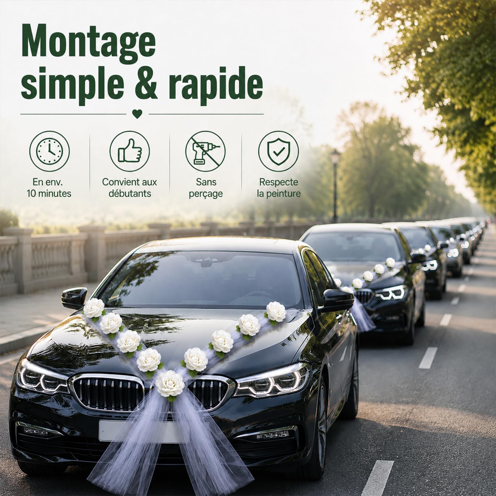 Décoration de voiture de mariage – Lot de 9 roses blanches avec ventouse, faciles à installer, réutilisables – Parfait pour mariage, demande en mariage, anniversaire de mariage