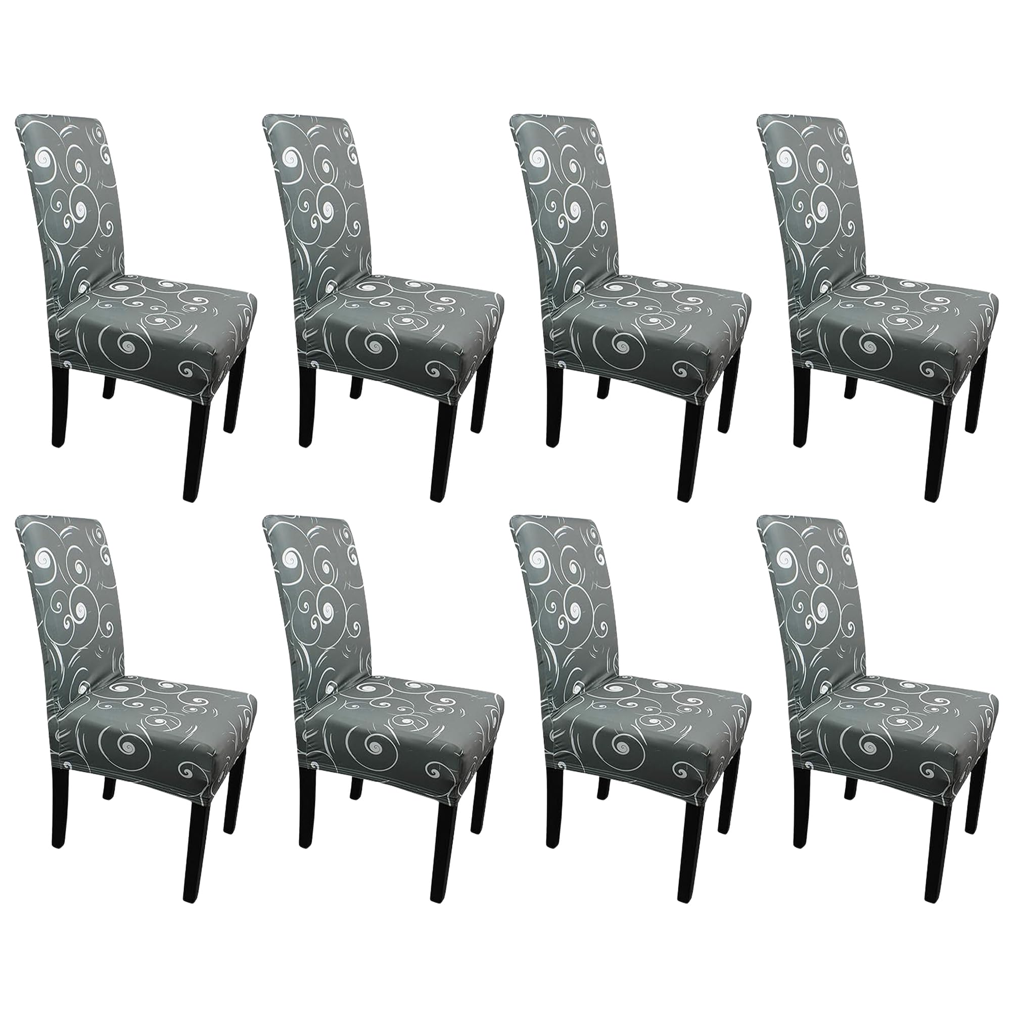 Printed High-Back Chair Covers for Dining Room Chairs – Spandex Stretch, Universal Armless Chair Protective Slipcover for Kitchen, Wedding, Party, Banquet & Hotel, Paisley Pattern - Grey, Pack of 8