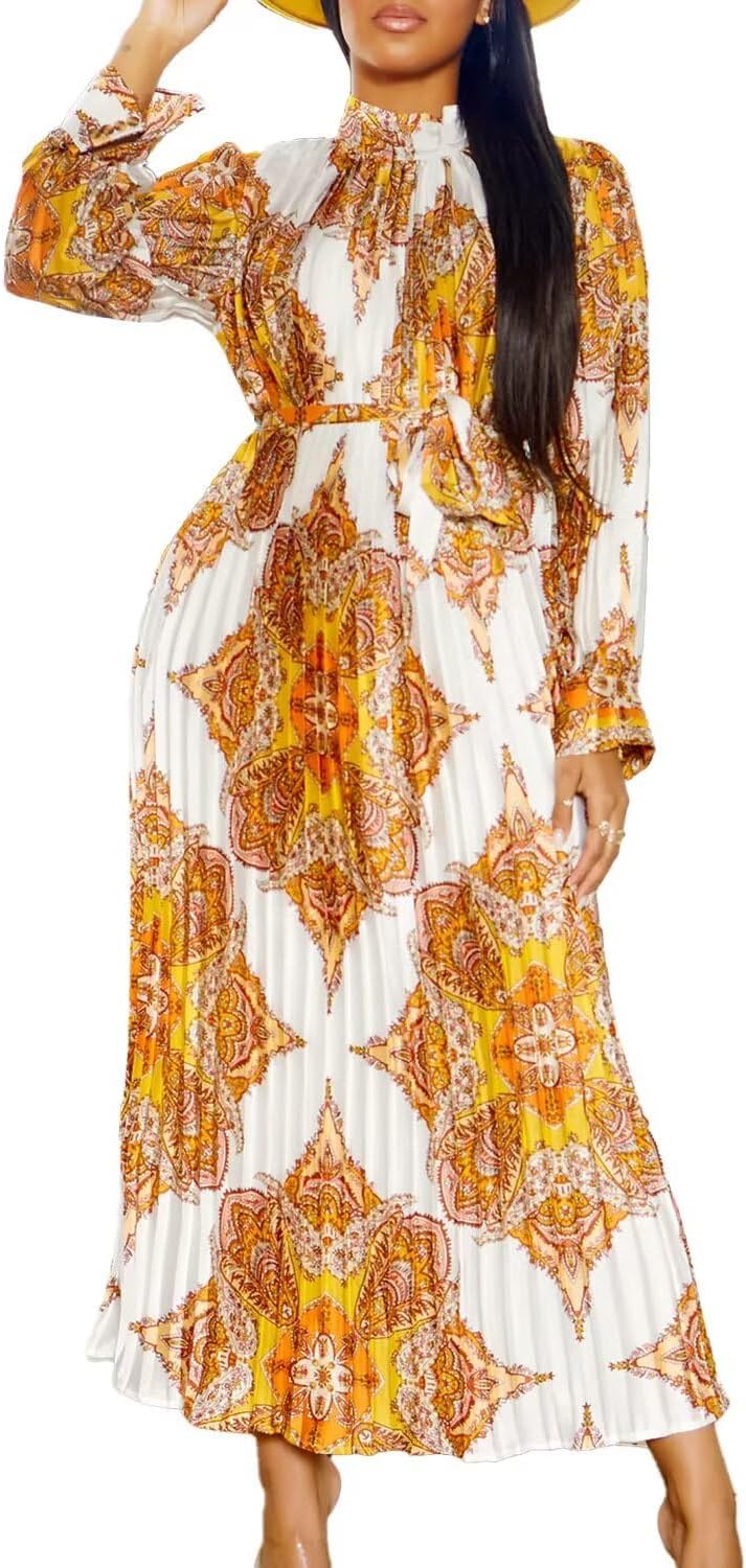 Women's Elegant Floral Long Sleeve Round Neck Smocked A-Line Flowy Maxi Dress,Bodycon Dress,Plus Size