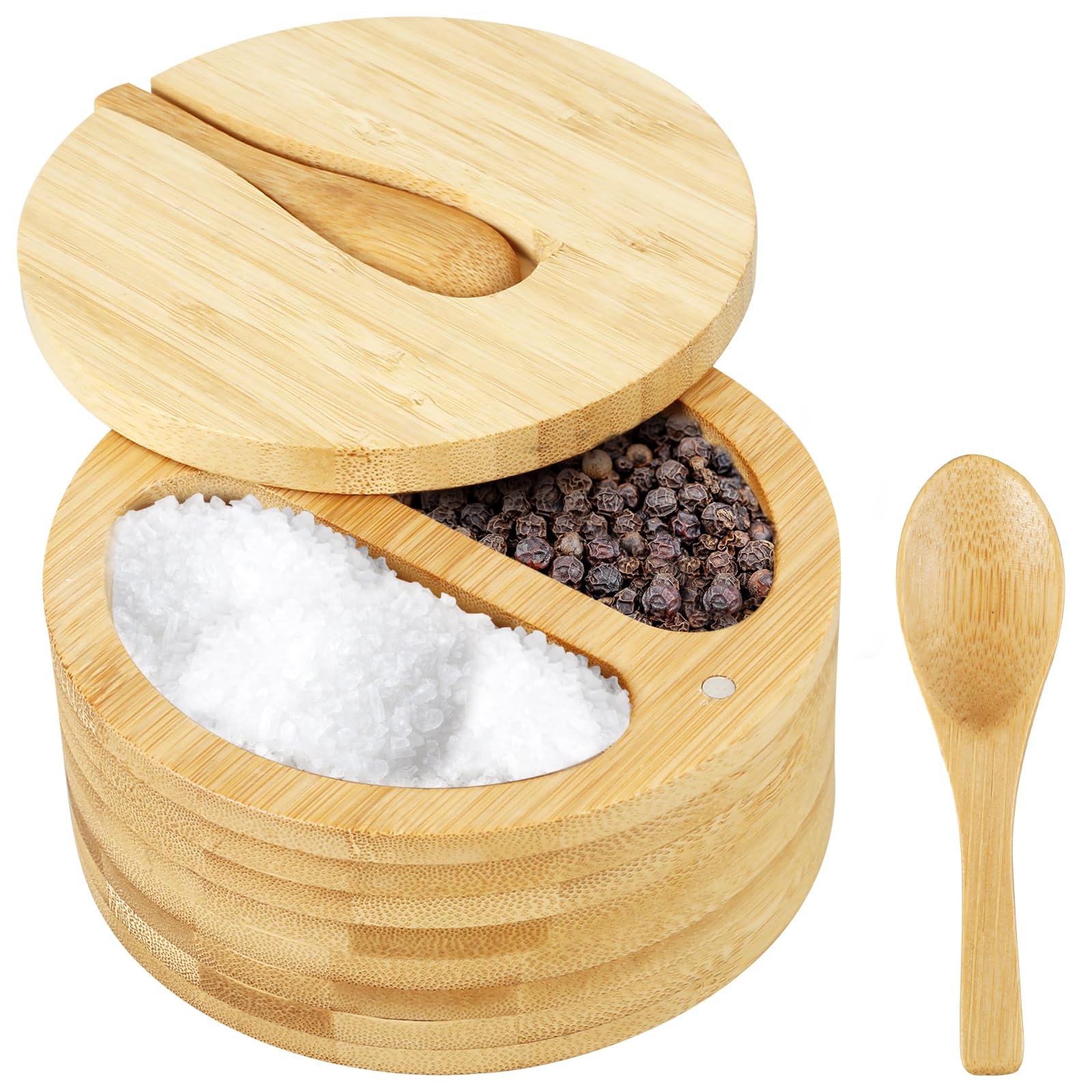 Salt and Pepper Bowls Bamboo Pepper Salt Cellar with Swivel Lid & Mini Spoon 2 Compartments Salt and Pepper Storage Box Multipurpose Seasoning Container for Spice (1PCS)