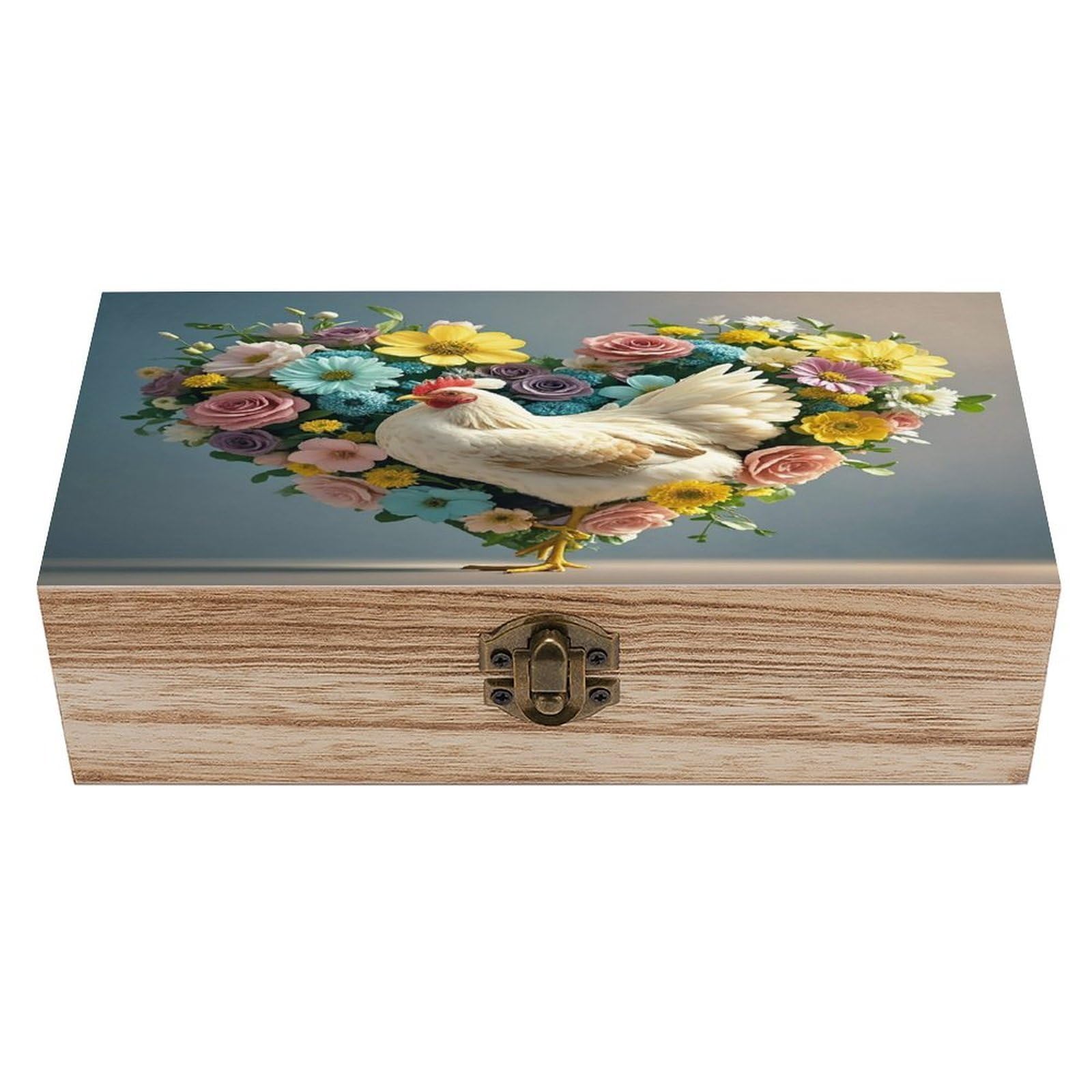FekiLoot Flower Heart Chicken Wooden Box with Hinged Lid Vintage Storage Box Beautifully Keepsake Boxes Jewellery Organiser & Trinket Holder Unique Gift Ideas for Men & Women