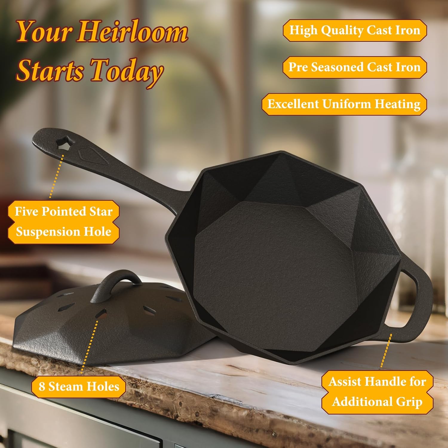 Cast Iron Skillet with Lid,Pre-seasone Mini Cast Iron Smoker Skillets & Egg Pan with Assist Handle, 6.5 Inch Octagonal Design Frying Pan for Searing, Baking, Grilling, Roasting (Skillet-1) - Image 5