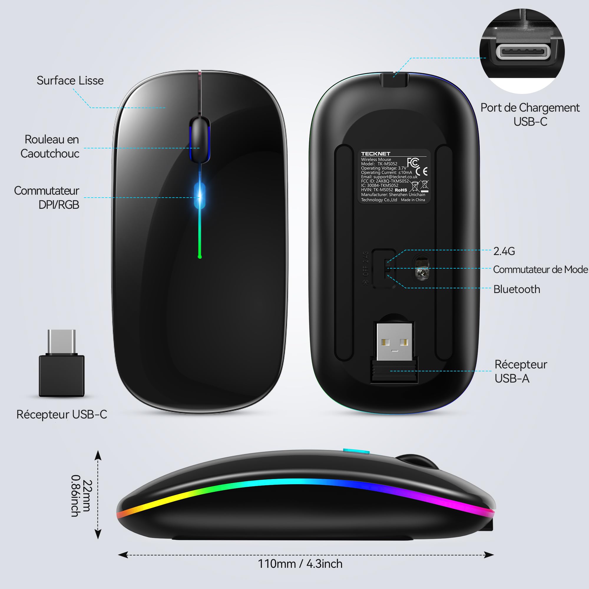 TECKNET Souris sans Fil Bluetooth 5.1, Rechargeable Souris avec Récepteur USB 2,4 GHz, 1600 DPI, Rétroéclairée de 7 Couleurs, Silencieuse, Portable, pour PC/Laptop/Mac, Noir
