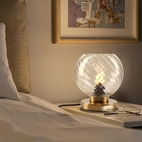 Miniatura 5 de Qepeety GlobeTable - Lámpara de mesa dorada enchufable, lámpara de mesa de noche con pantalla de vidrio soplado a mano, lámpara de noche de cristal