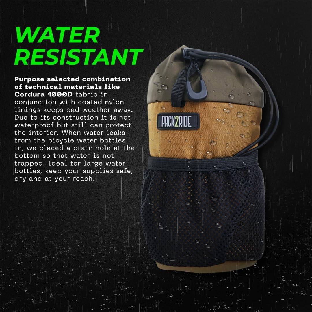 PACK2RIDE Bongo Torba na kierownicę rowerową, wodoodporna, trwała tkanina Cordura i duży uchwyt na butelkę z wodą, przedni schowek na rower, torba na macierzystych, do jazdy na rowerze (brązowy